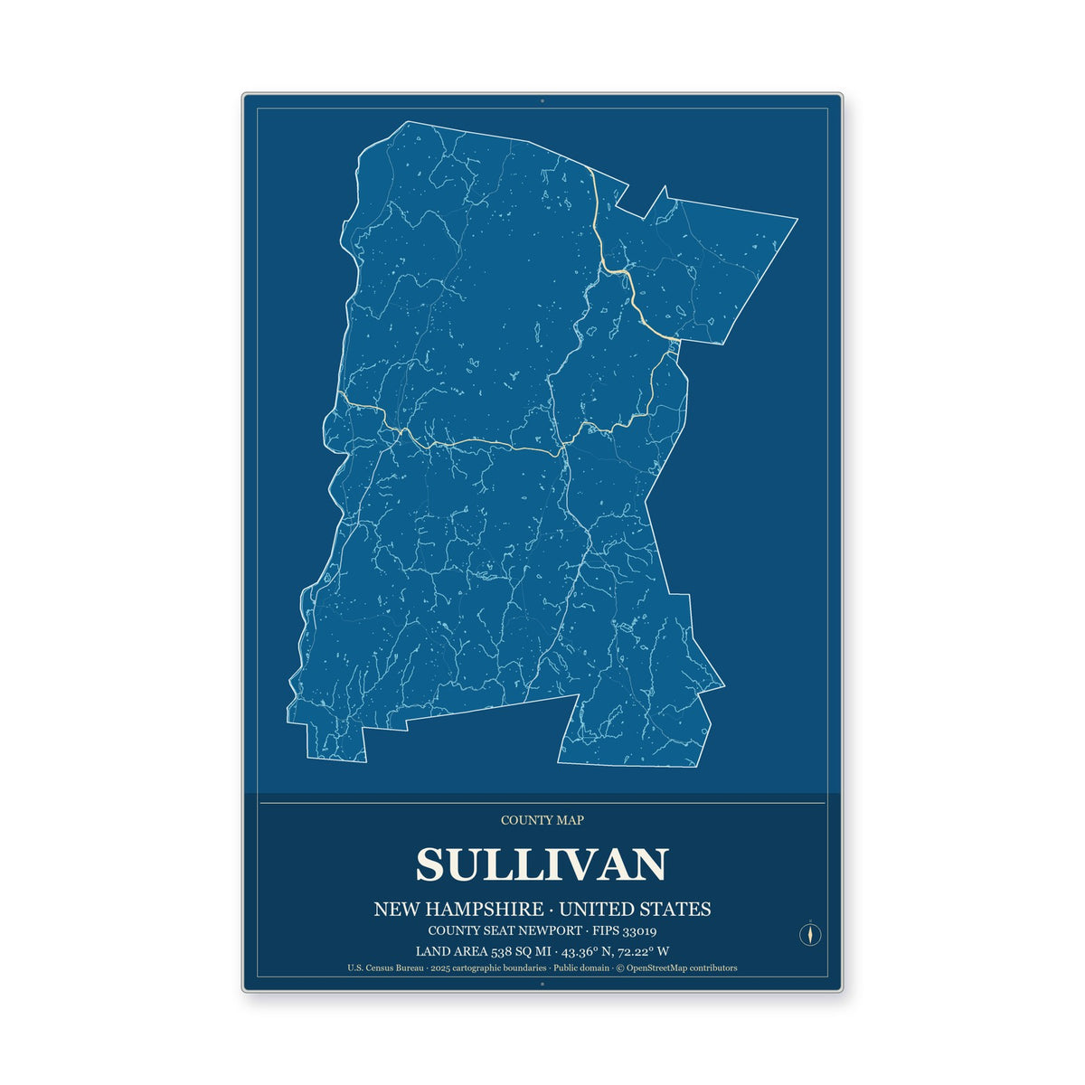 Sullivan County, New Hampshire Map Aluminum Sign in Harbor Cobalt style