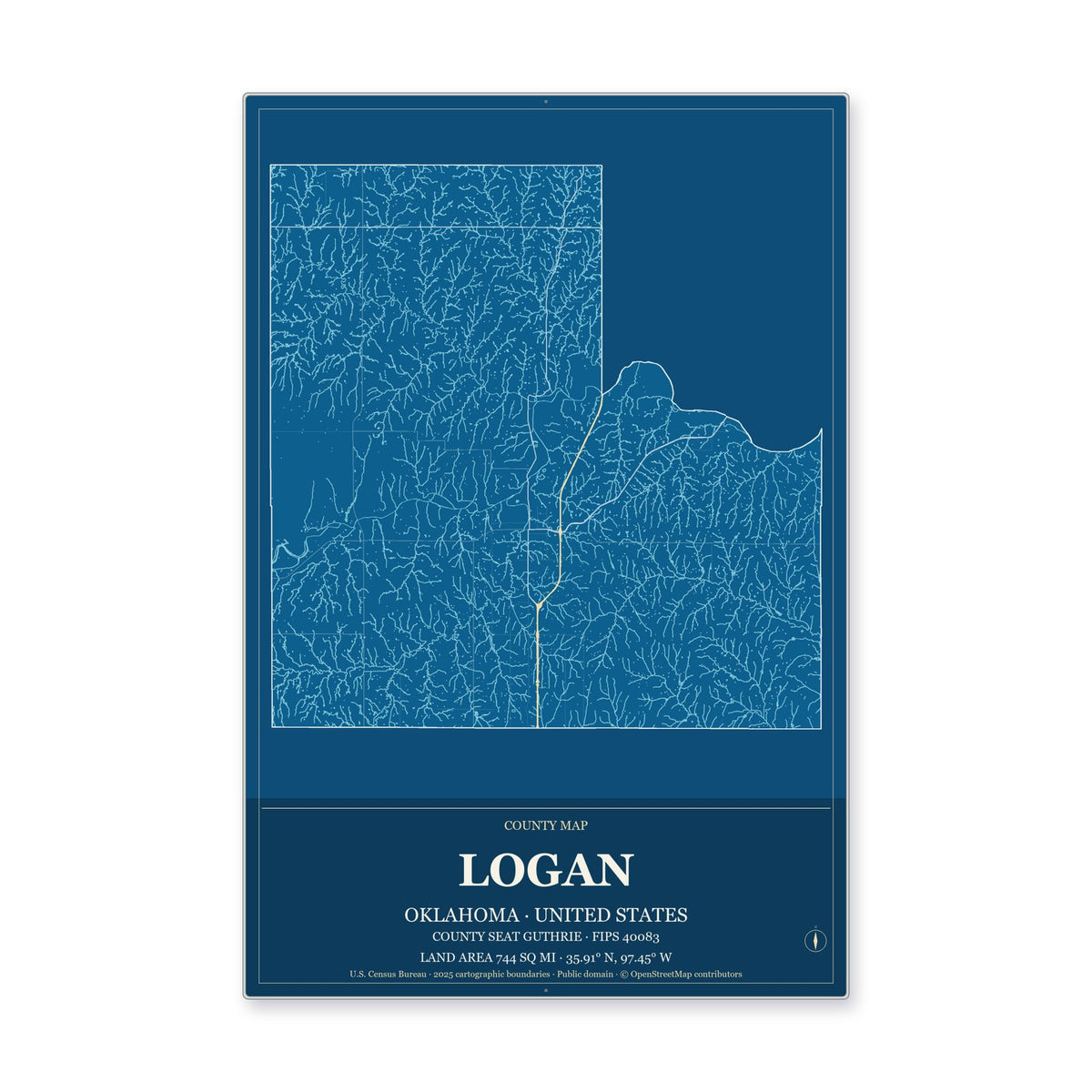 Logan County, Oklahoma Map Aluminum Sign in Harbor Cobalt style