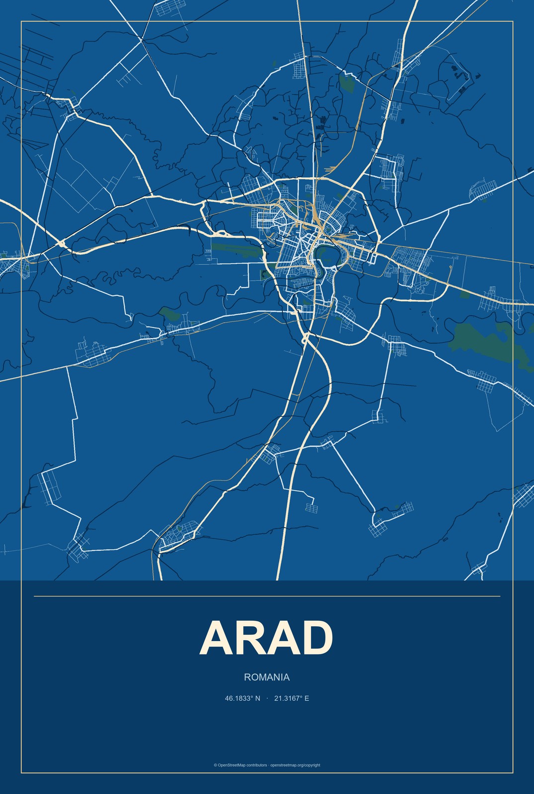 Arad, Romania City Map Aluminum Sign in Harbor Cobalt style