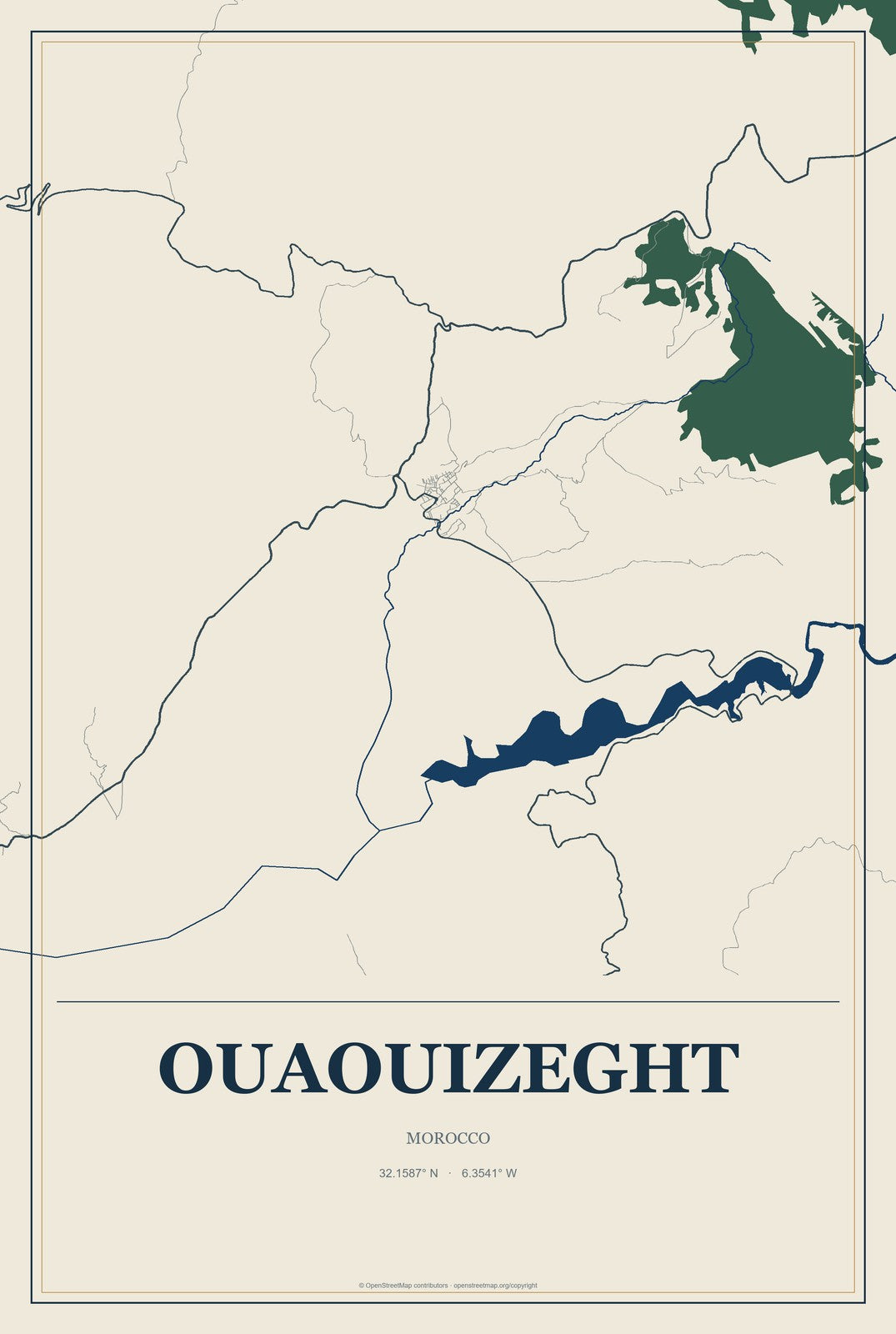 Ouaouizeght, Morocco City Map Aluminum Sign in Coastal Cutout style