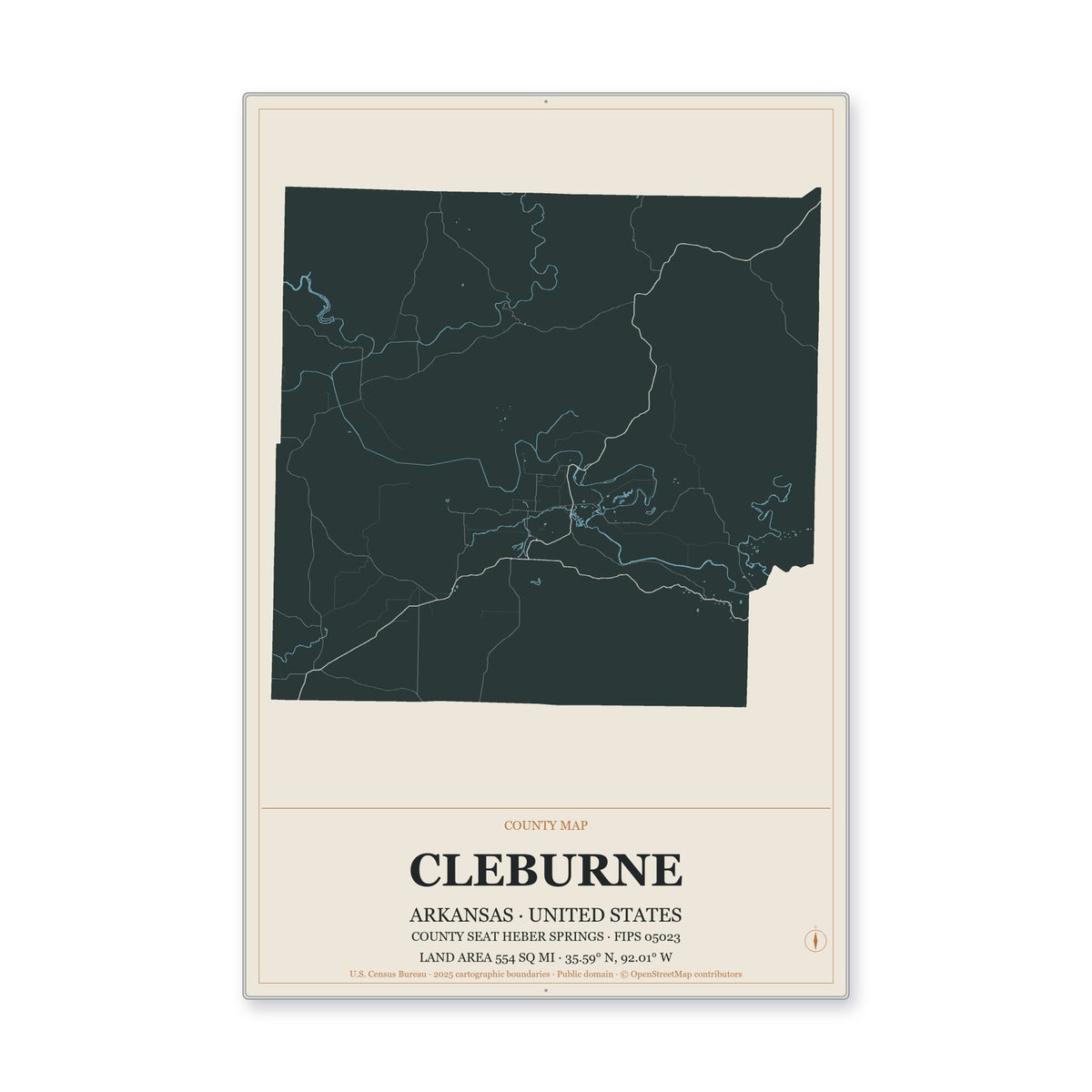 Cleburne County, Arkansas Map Aluminum Sign in Headline Atlas style