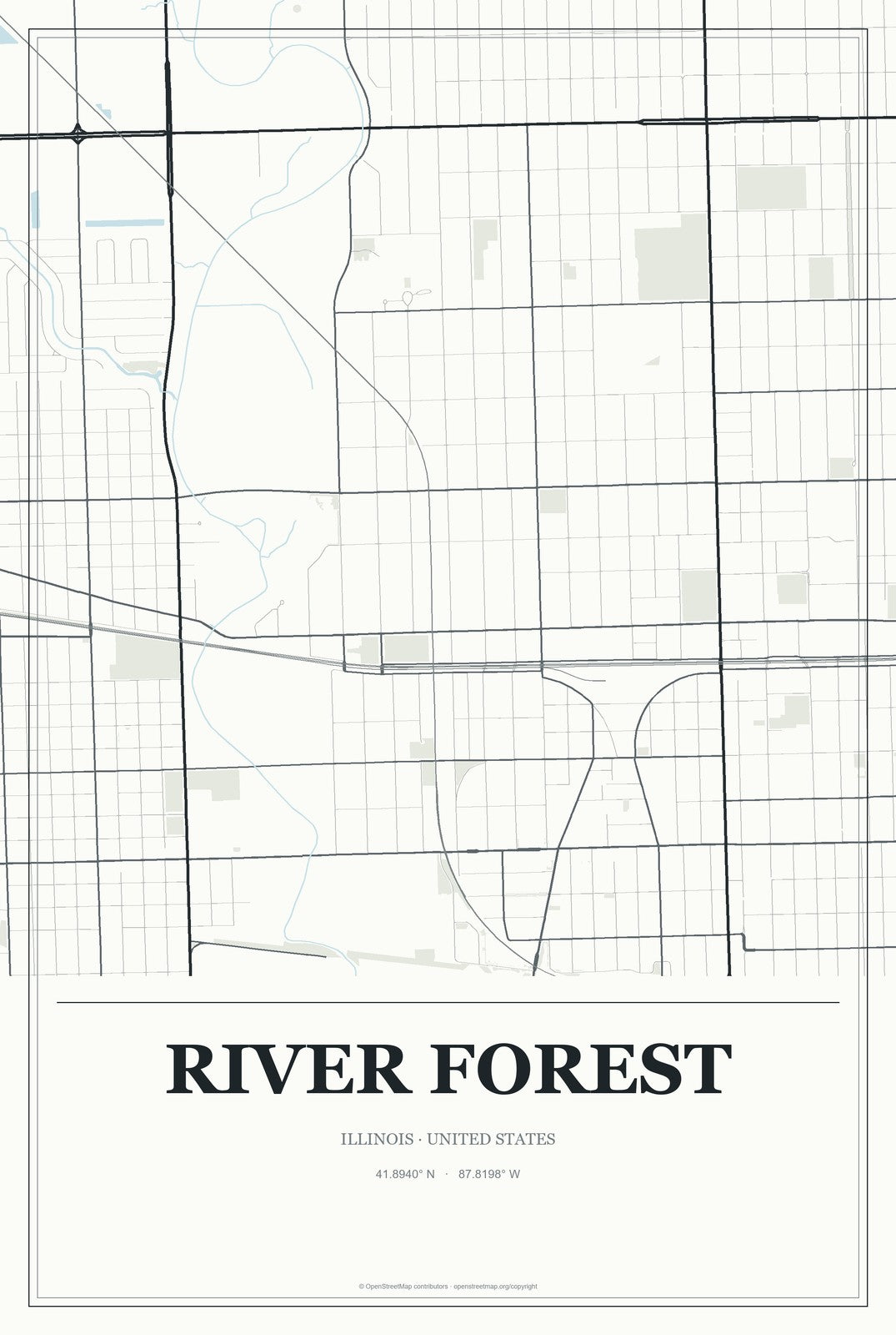 River Forest, Illinois City Map Aluminum Sign in Gallery Air style