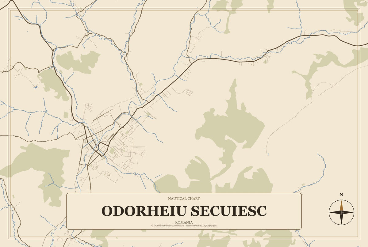 Odorheiu Secuiesc, Romania City Map Aluminum Sign in Heritage Nautical style