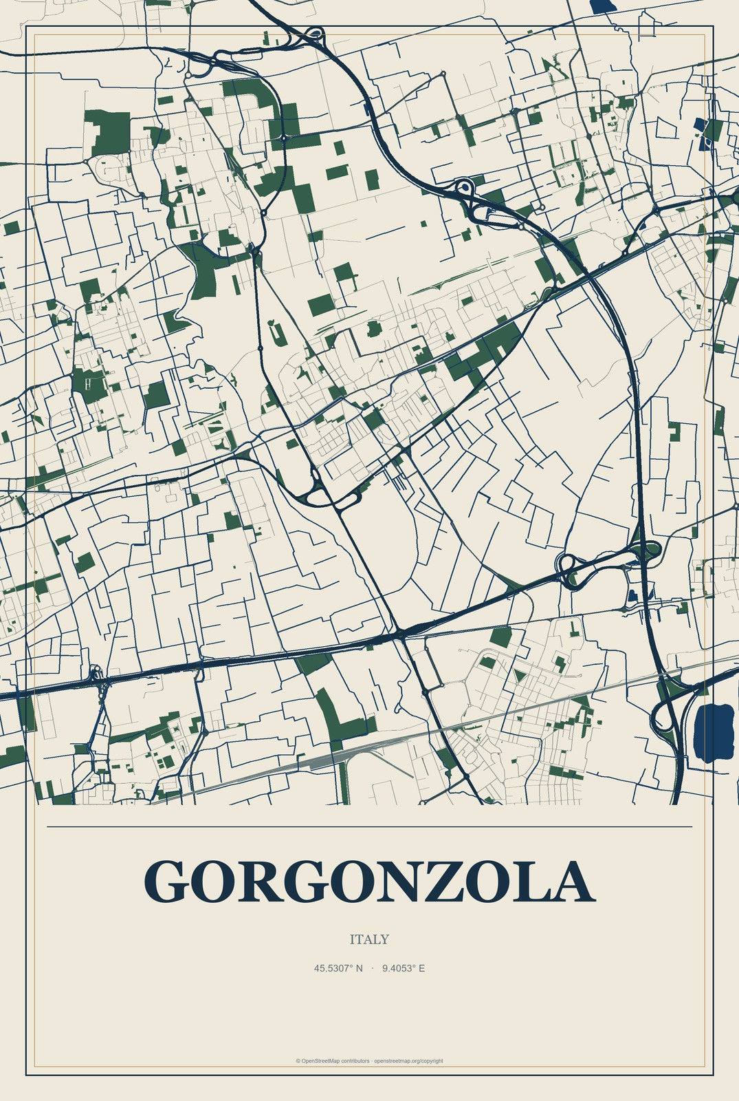 Gorgonzola, Italy City Map Aluminum Sign in Coastal Cutout style