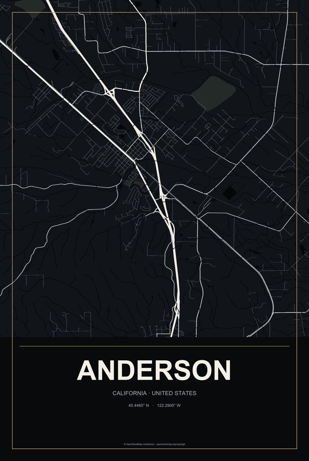 Anderson, California City Map Aluminum Sign in Metropolitan Noir style