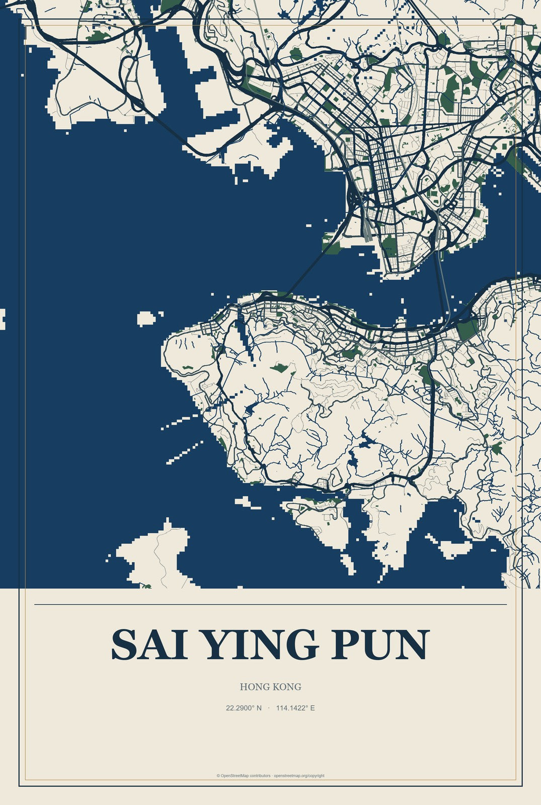 Sai Ying Pun, Hong Kong City Map Aluminum Sign in Coastal Cutout style