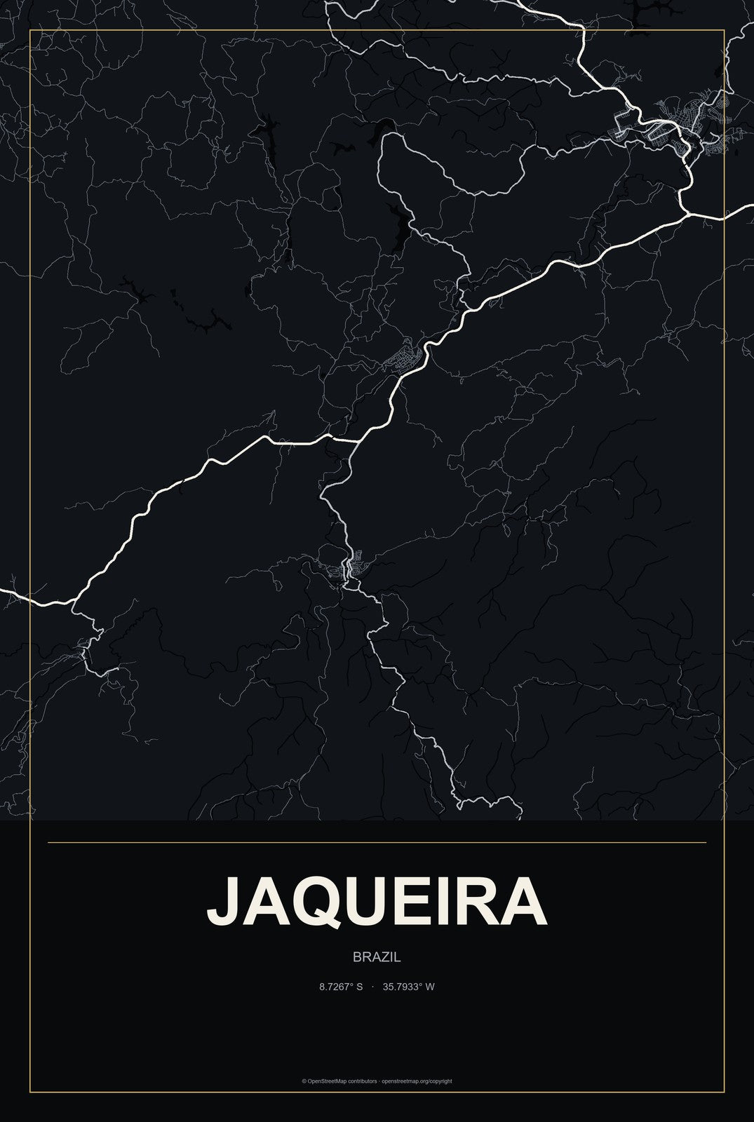 Jaqueira, Brazil City Map Aluminum Sign in Metropolitan Noir style