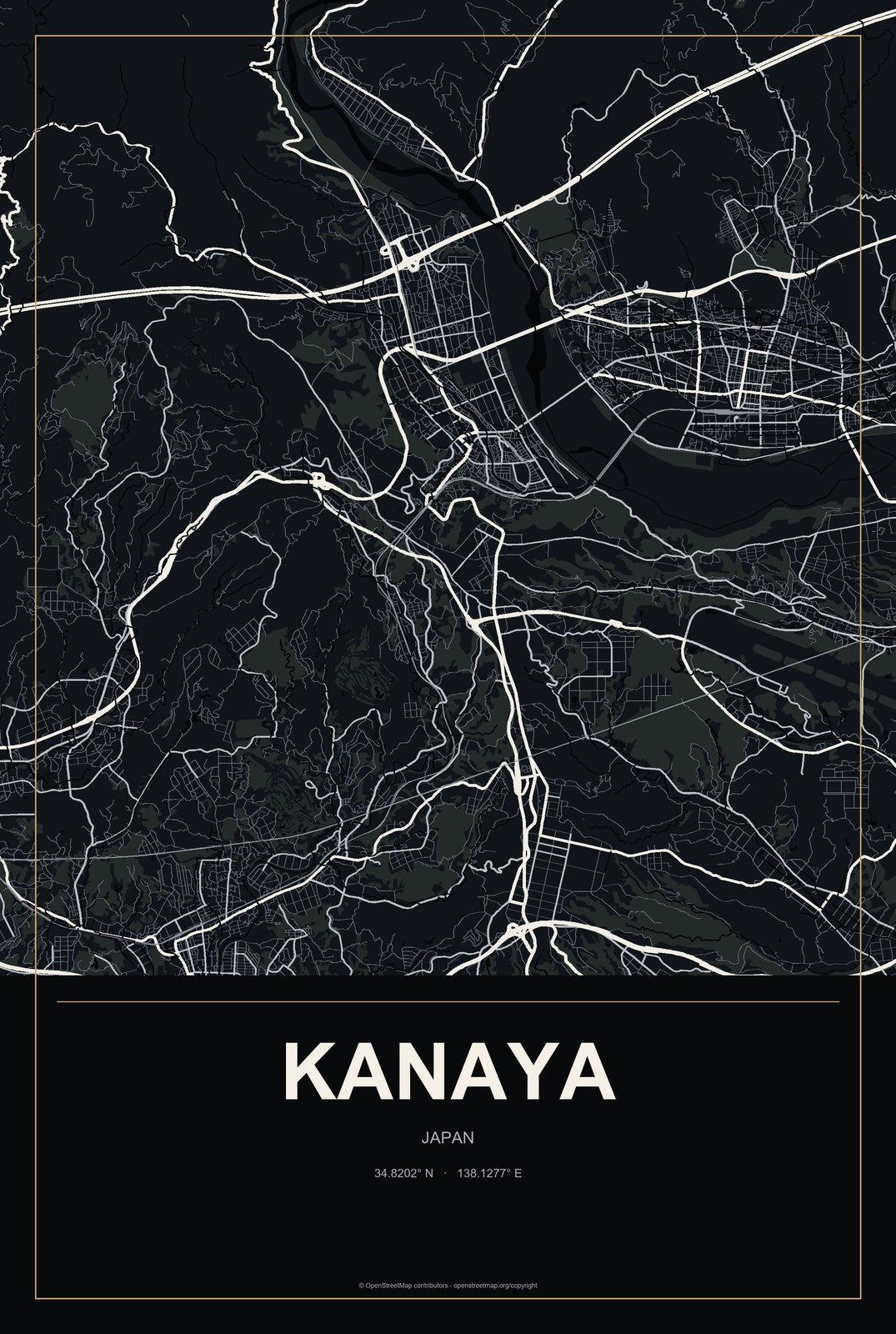Kanaya, Japan City Map Aluminum Sign in Metropolitan Noir style