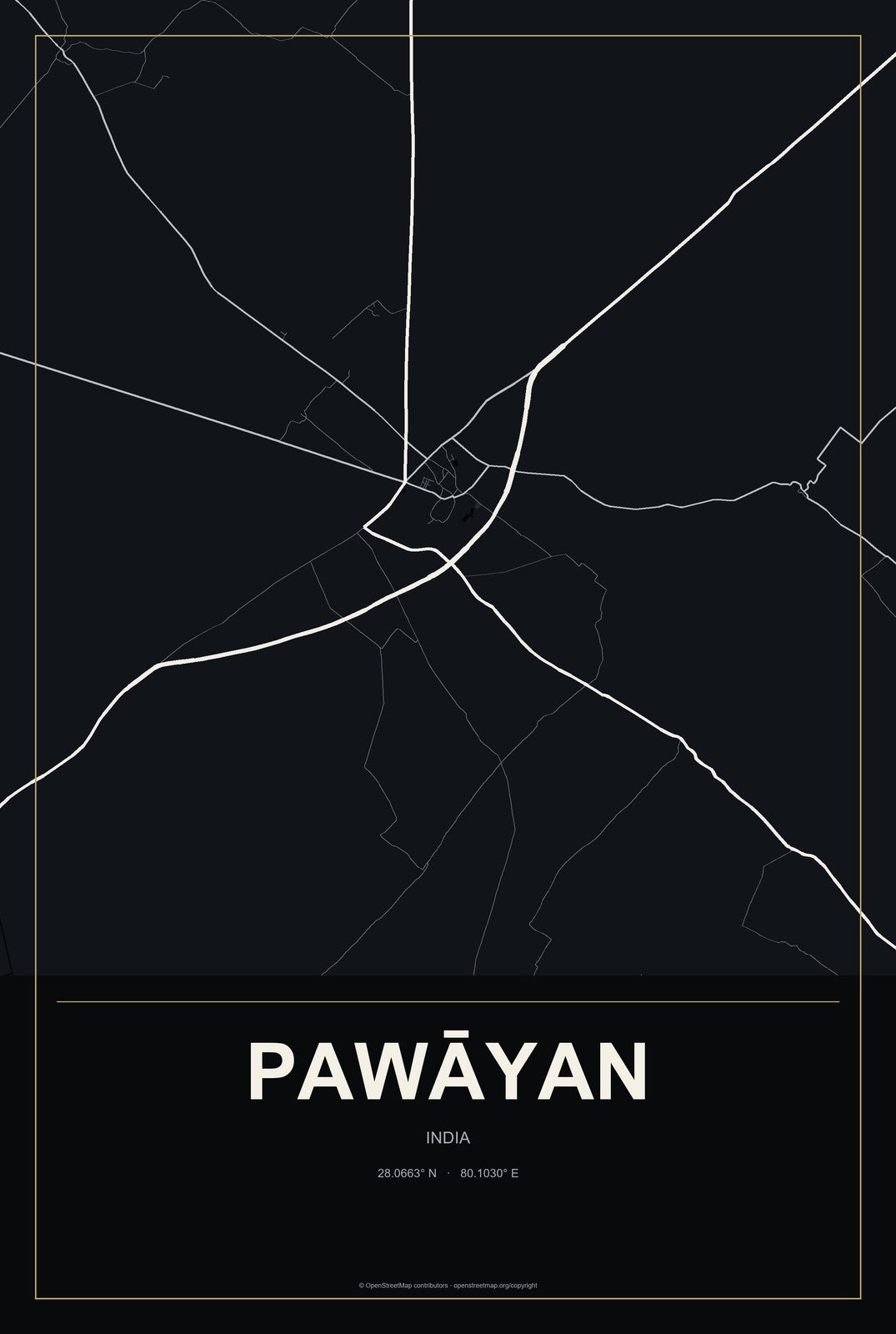 Pawāyan, India City Map Aluminum Sign in Metropolitan Noir style
