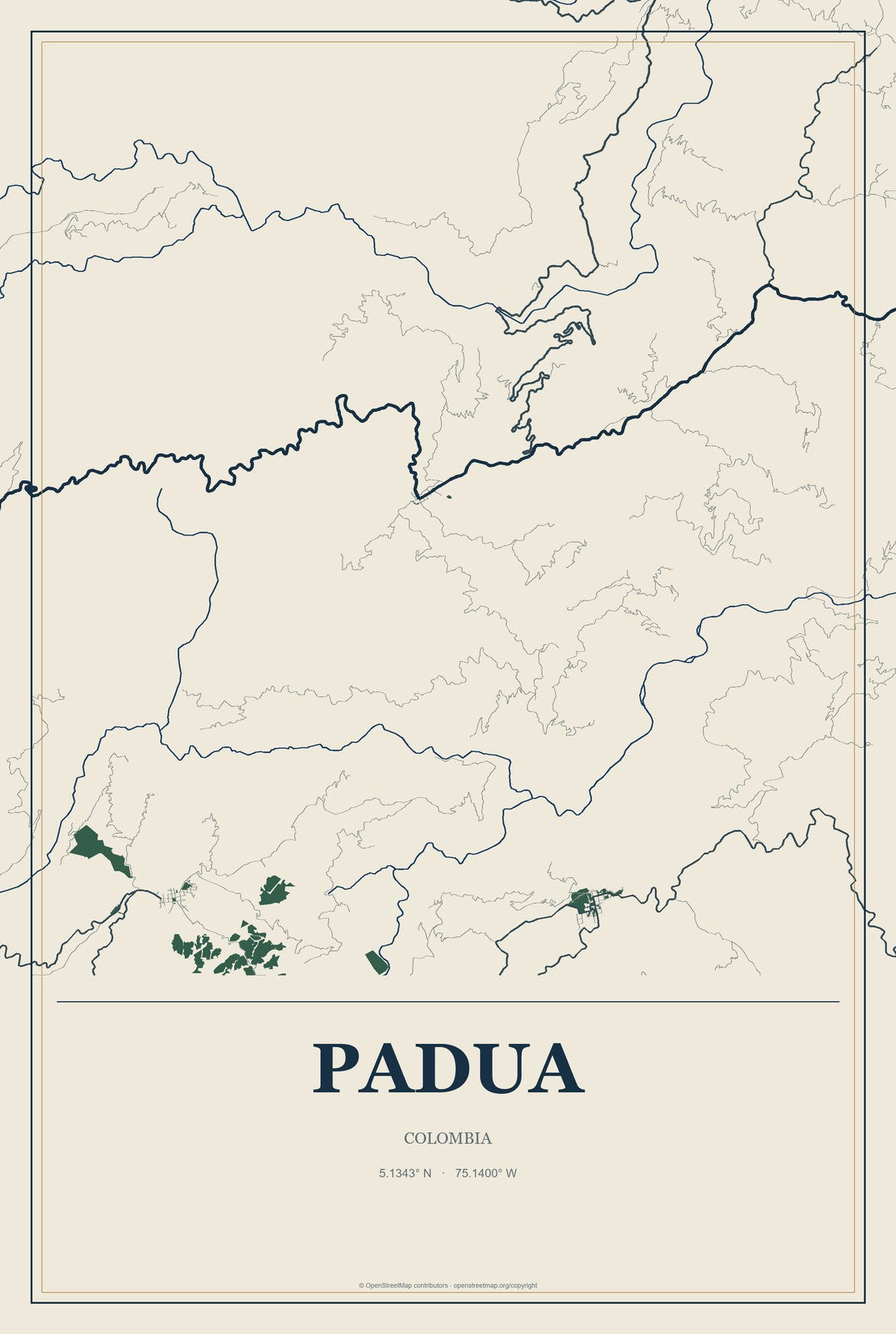 Padua, Colombia City Map Aluminum Sign in Coastal Cutout style
