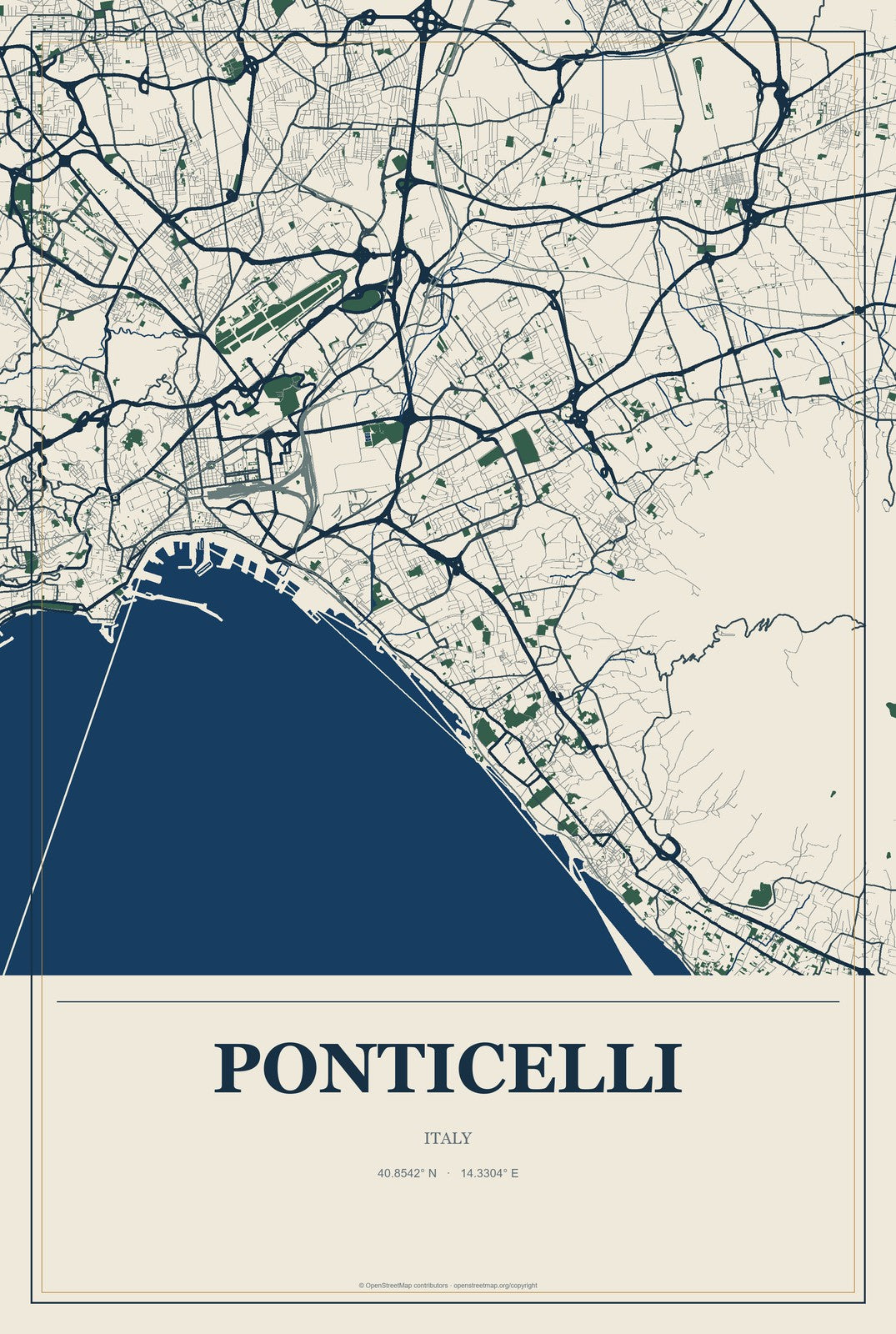 Ponticelli, Italy City Map Aluminum Sign in Coastal Cutout style
