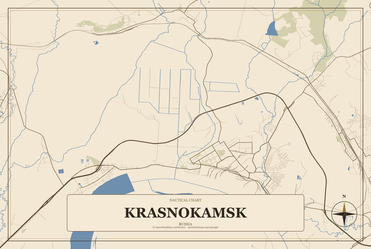 Krasnokamsk, Russia City Map Aluminum Sign in Heritage Nautical style