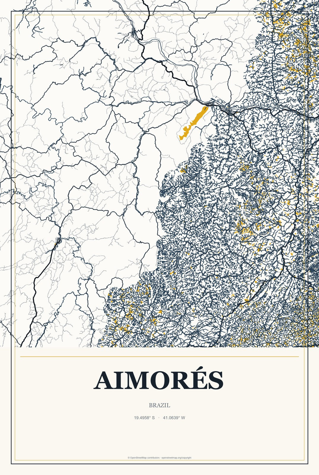 Aimorés, Brazil City Map Aluminum Sign in Citrine Modern style