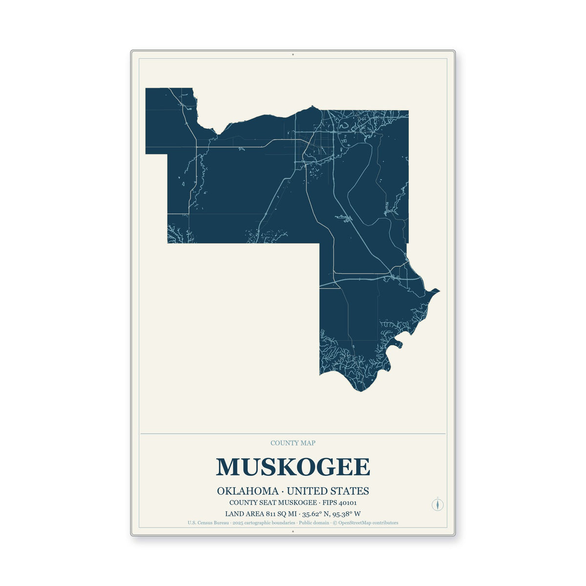 Muskogee County, Oklahoma Map Aluminum Sign in Coastal Cutout style