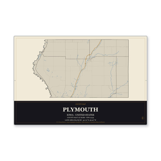 Plymouth County, Iowa Map Aluminum Sign in Museum Plaque style