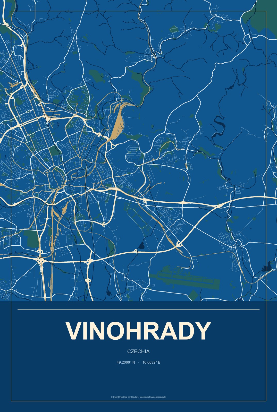Vinohrady, Czechia City Map Aluminum Sign in Harbor Cobalt style