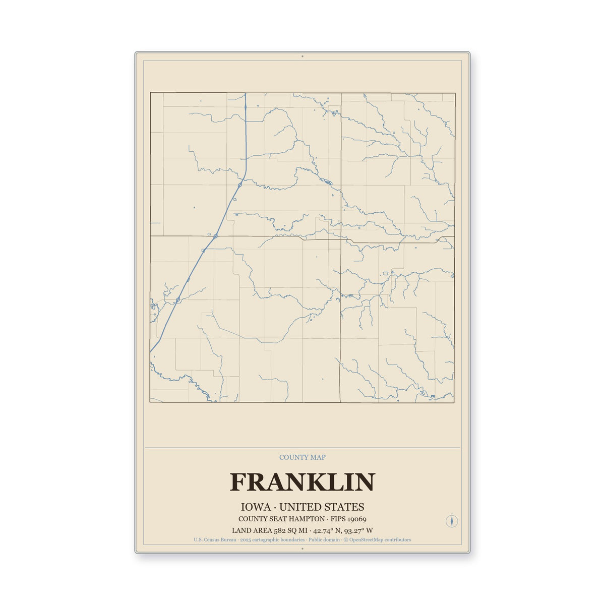 Franklin County, Iowa Map Aluminum Sign in Heritage Nautical style