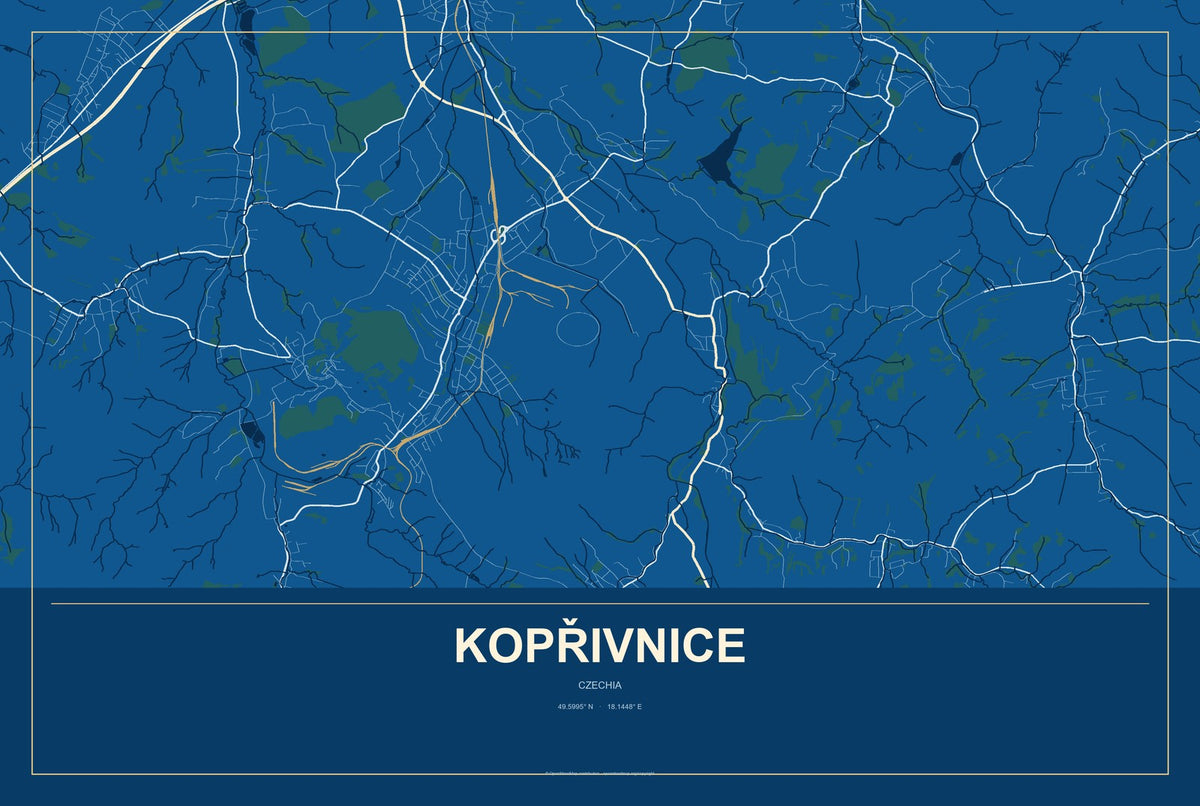 Kopřivnice, Czechia City Map Aluminum Sign in Harbor Cobalt style