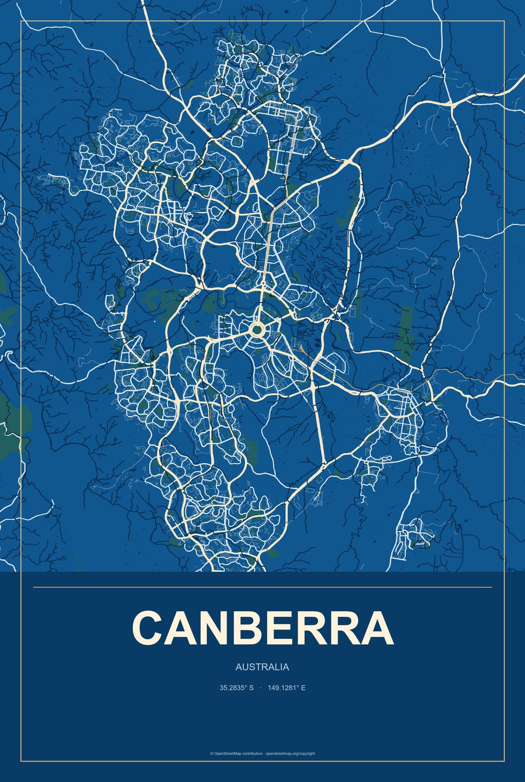 Canberra, Australia City Map Aluminum Sign in Harbor Cobalt style