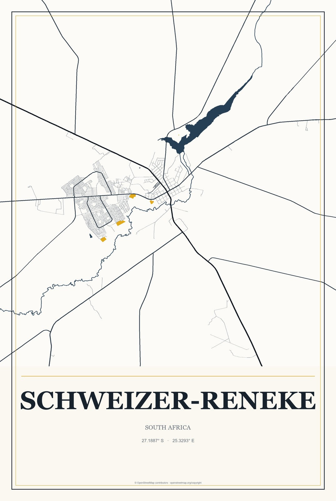 Schweizer-Reneke, South Africa City Map Aluminum Sign in Citrine Modern style