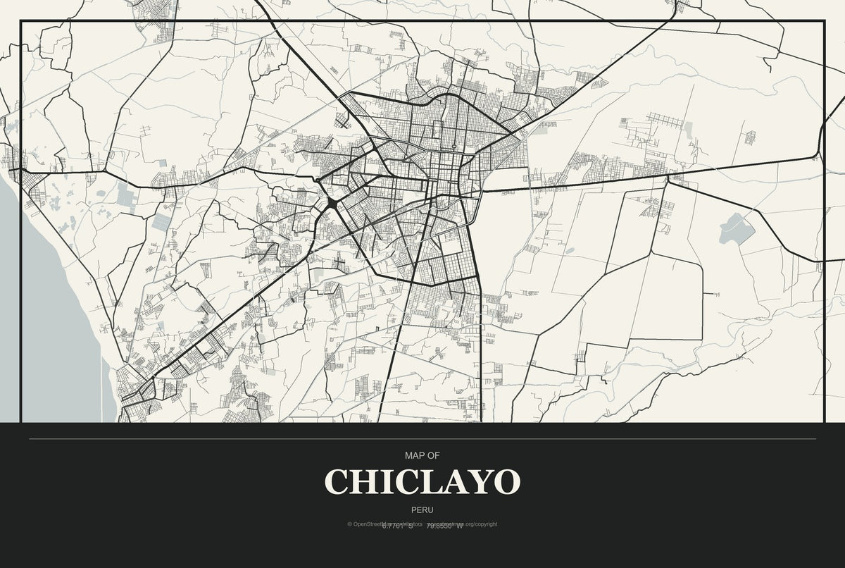 Chiclayo, Peru City Map Aluminum Sign in Museum Plaque style