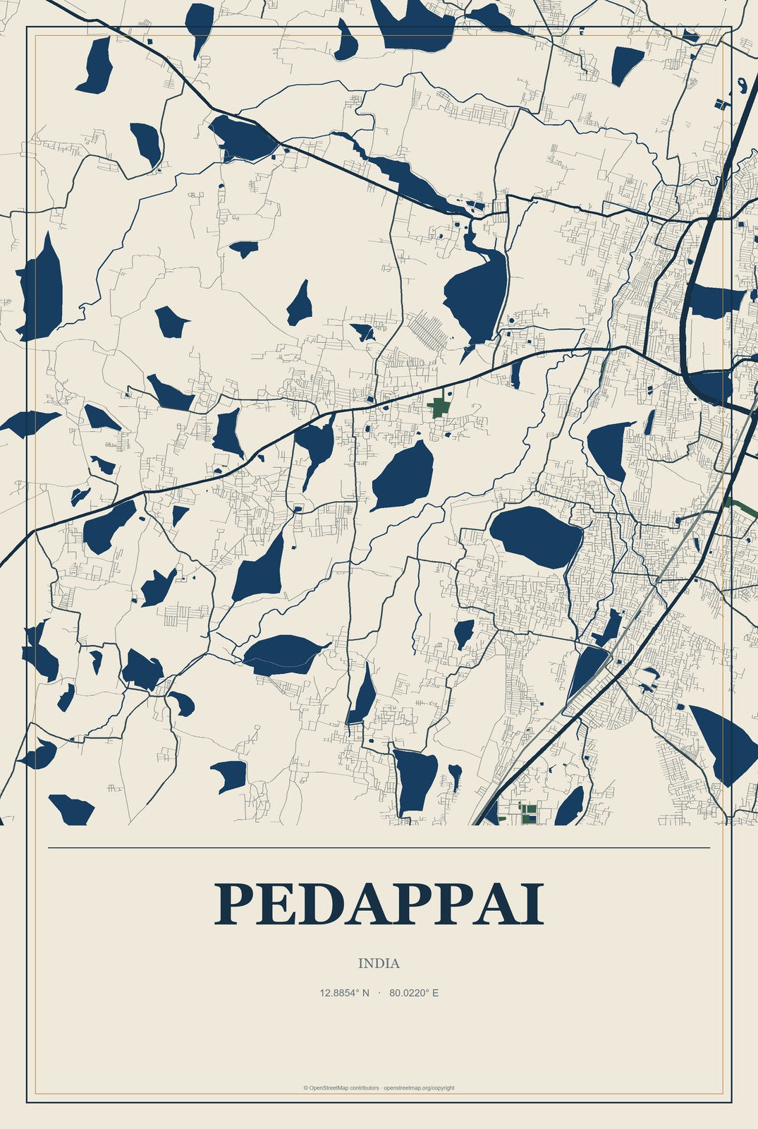 Pedappai, India City Map Aluminum Sign in Coastal Cutout style
