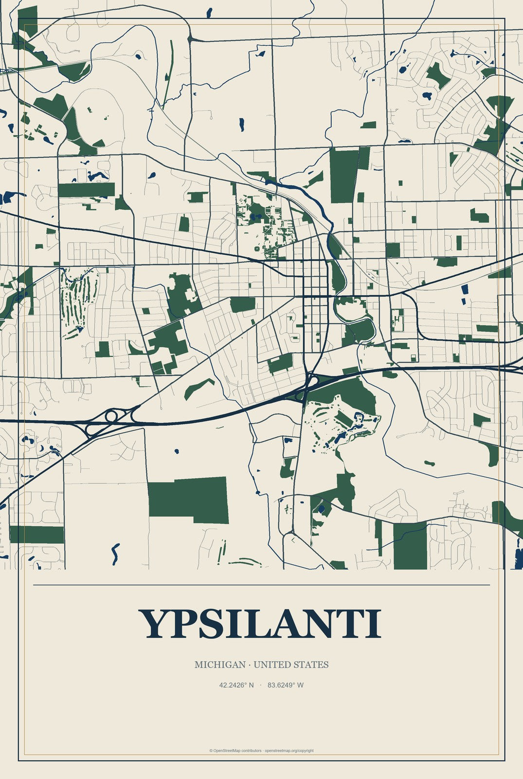 Ypsilanti, Michigan City Map Aluminum Sign in Coastal Cutout style
