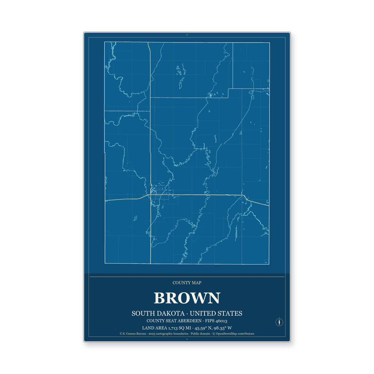 Brown County, South Dakota Map Aluminum Sign in Harbor Cobalt style