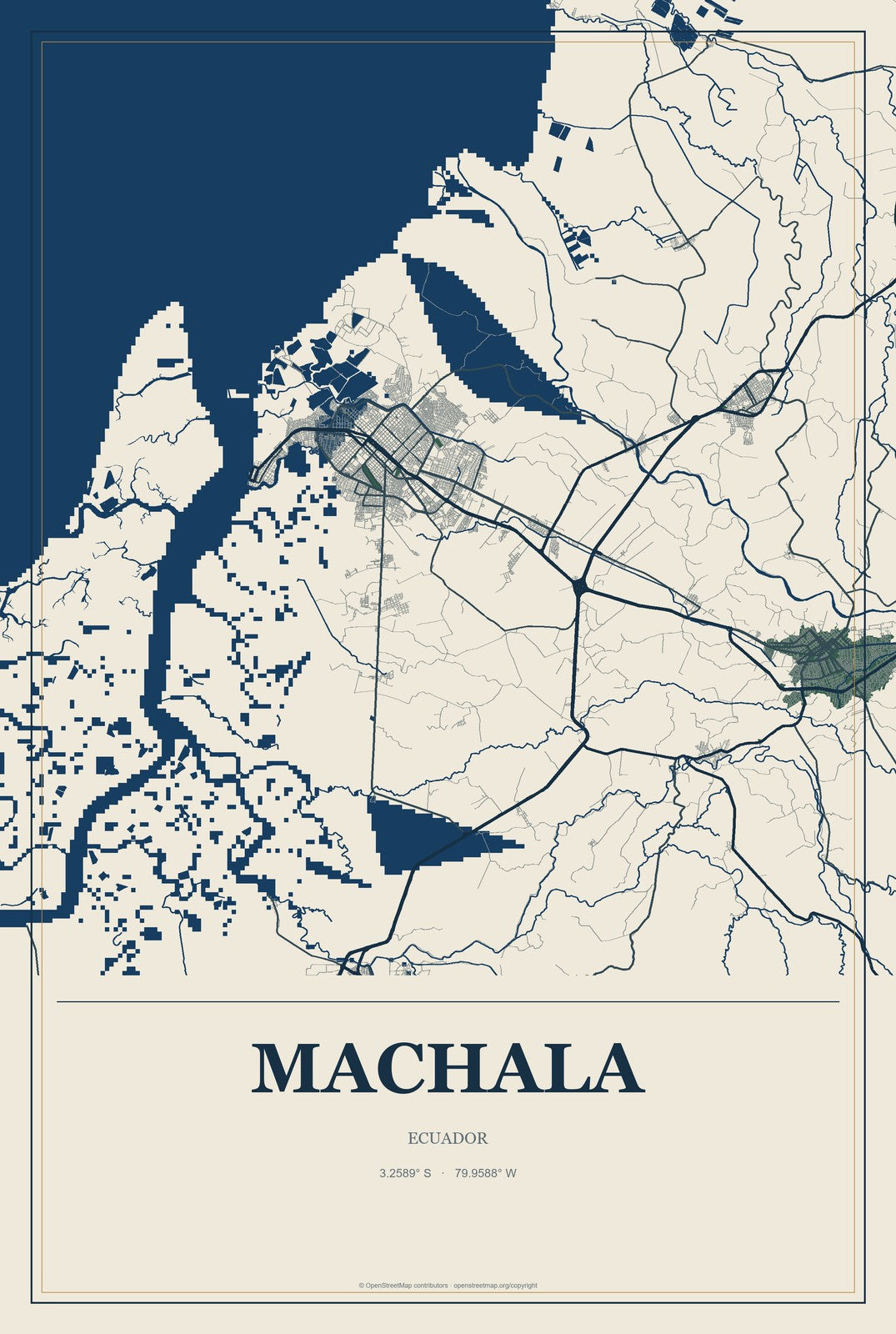 Machala, Ecuador City Map Aluminum Sign in Coastal Cutout style