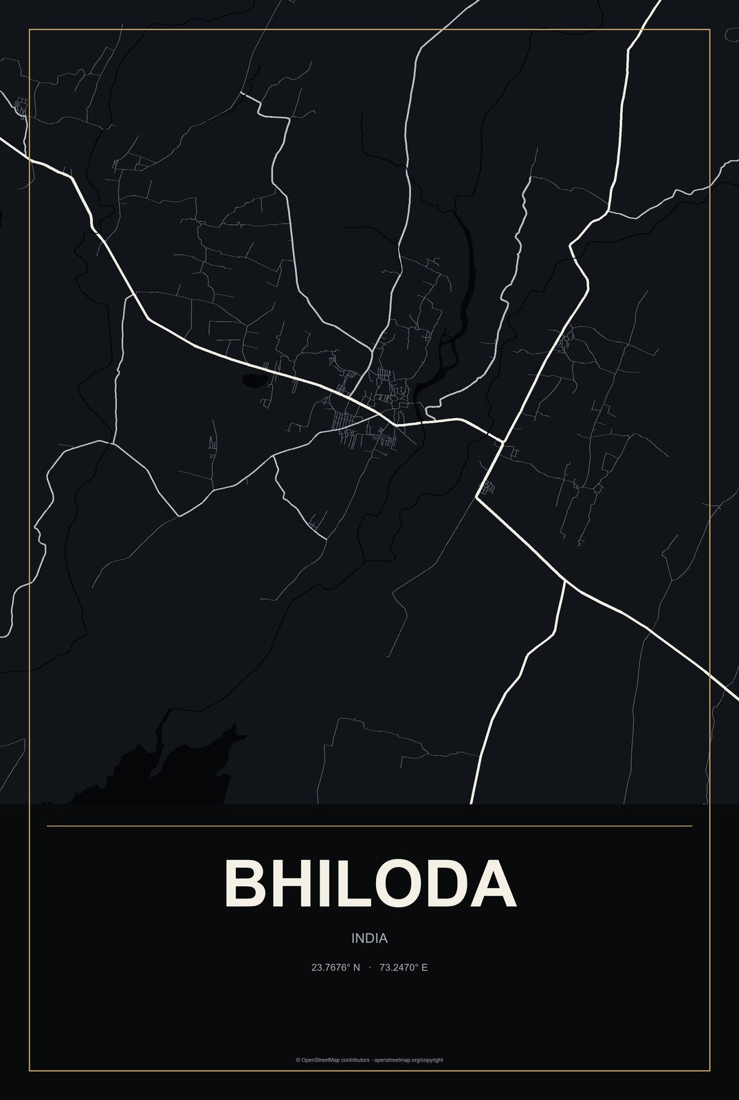 Bhiloda, India City Map Aluminum Sign in Metropolitan Noir style