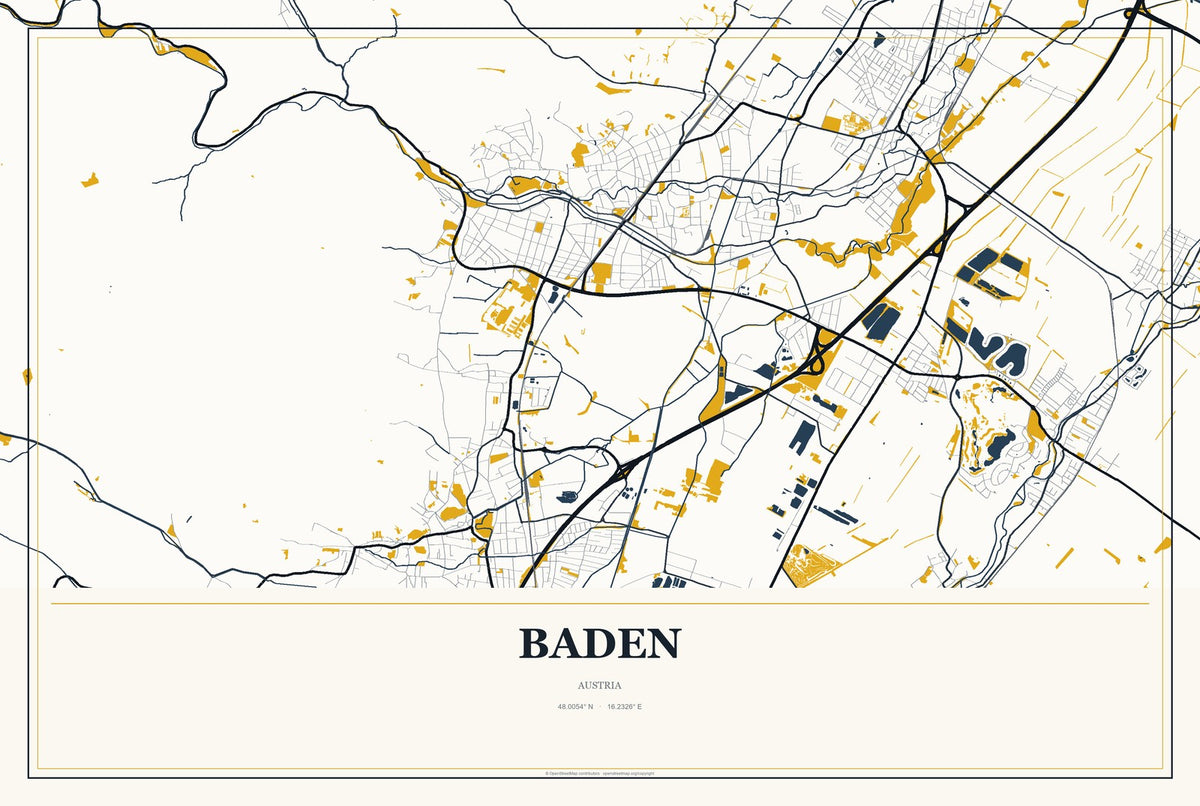 Baden, Austria City Map Aluminum Sign in Citrine Modern style