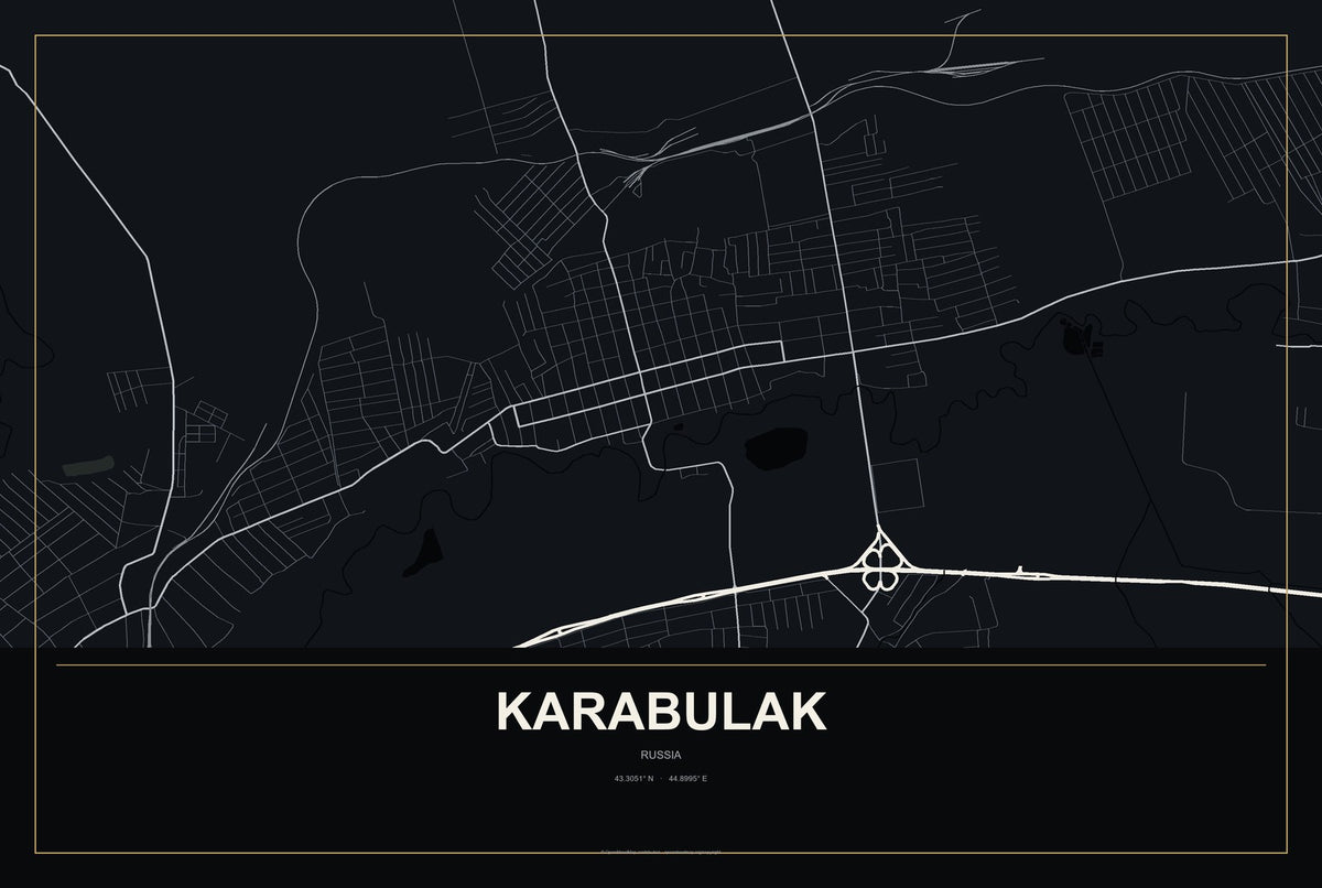 Karabulak, Russia City Map Aluminum Sign in Metropolitan Noir style