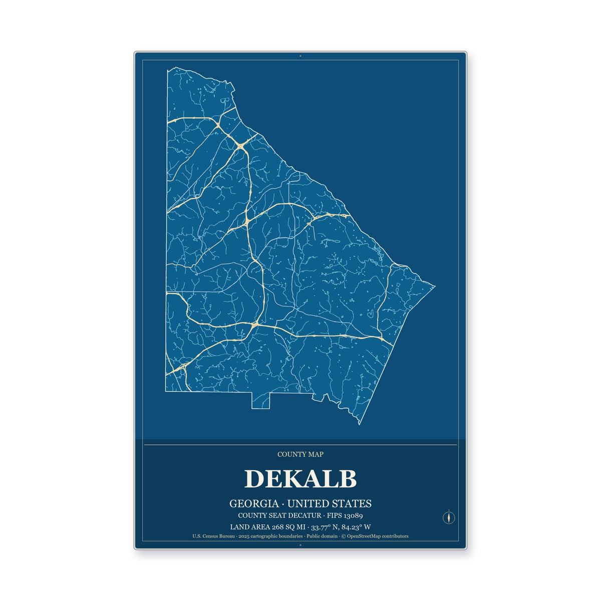 DeKalb County, Georgia Map Aluminum Sign in Harbor Cobalt style