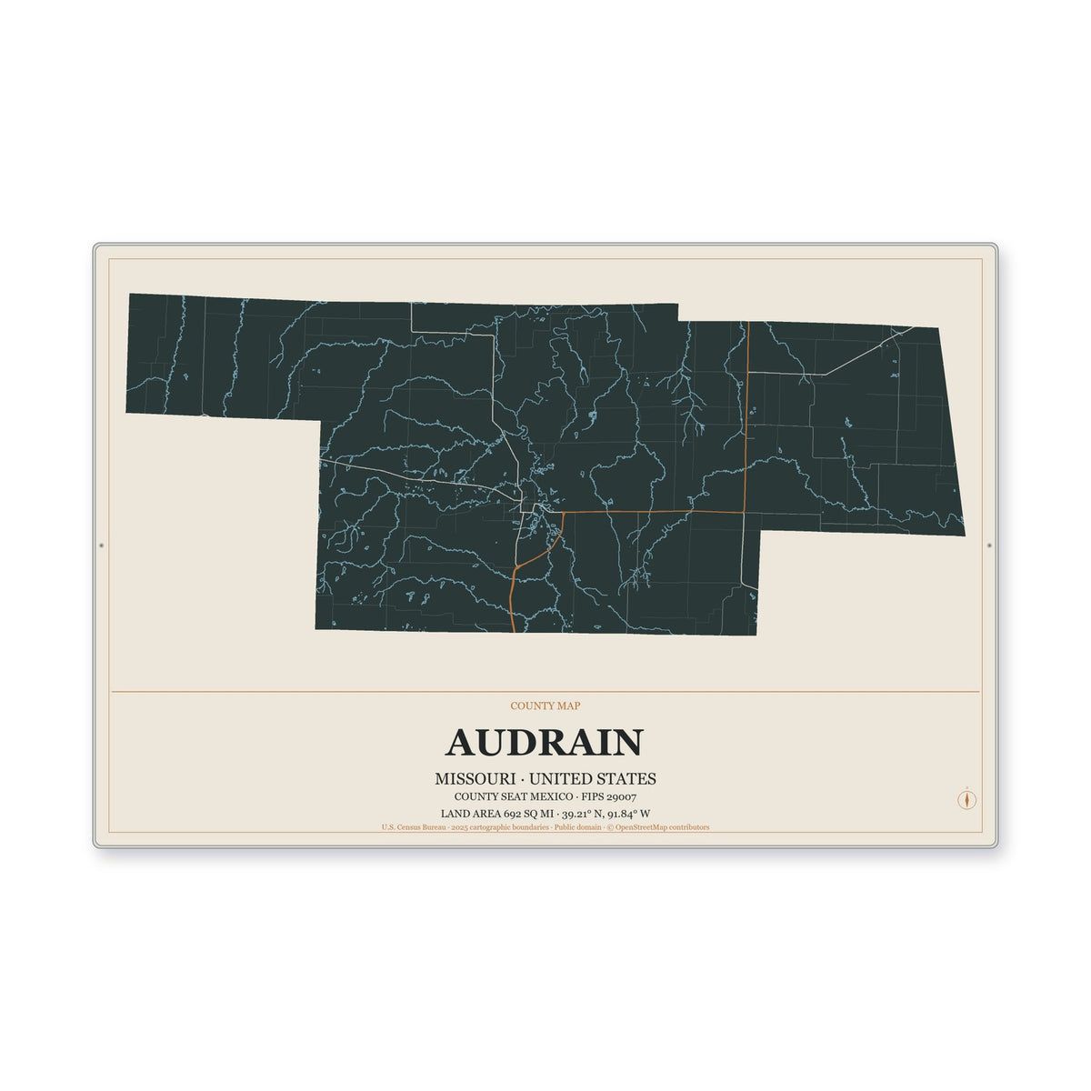 Audrain County, Missouri Map Aluminum Sign in Headline Atlas style