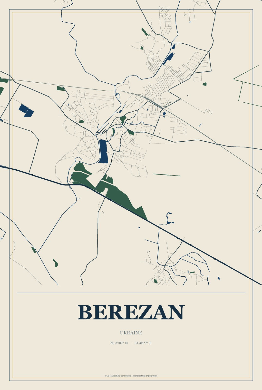 Berezan, Ukraine City Map Aluminum Sign in Coastal Cutout style