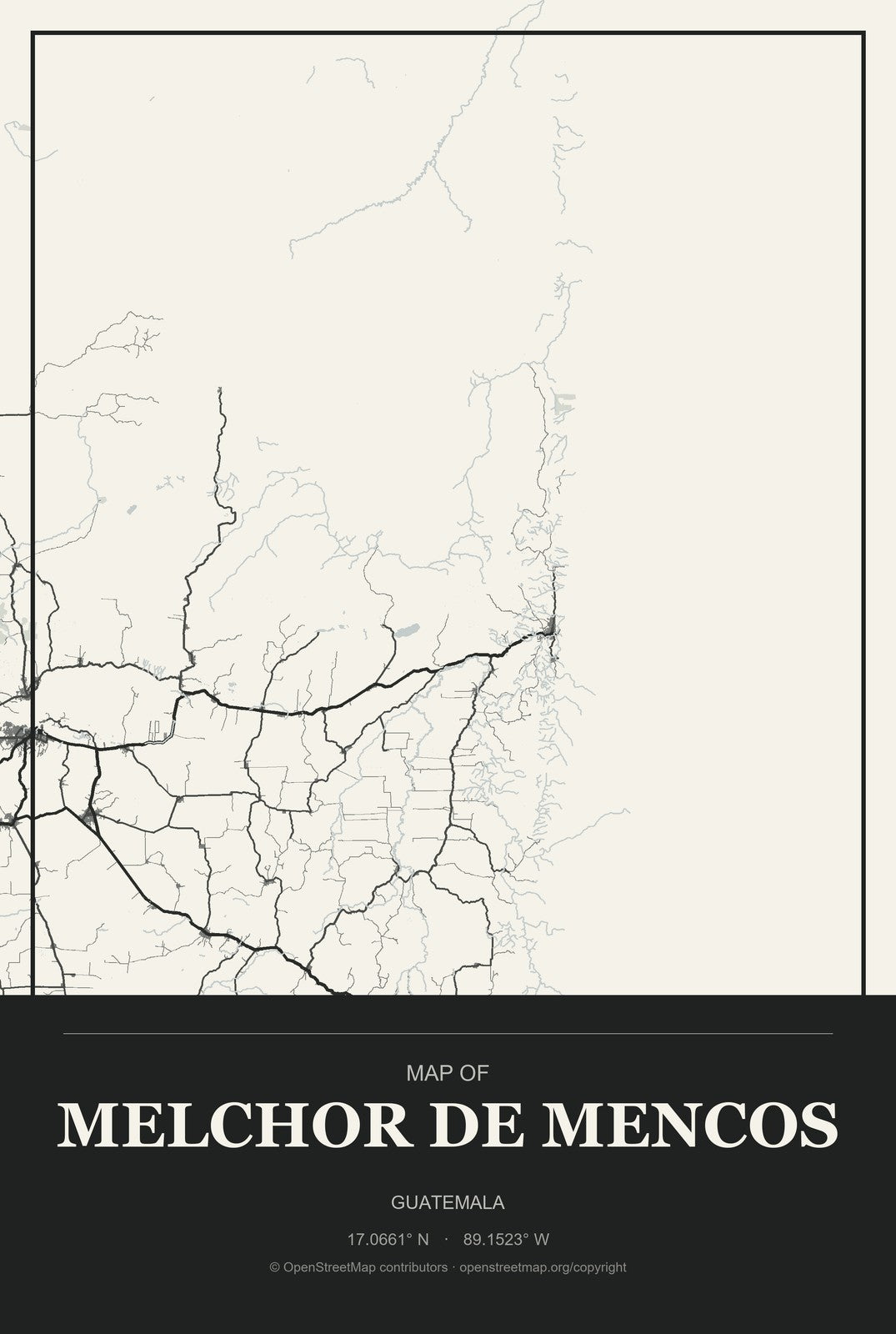 Melchor de Mencos, Guatemala City Map Aluminum Sign in Museum Plaque style
