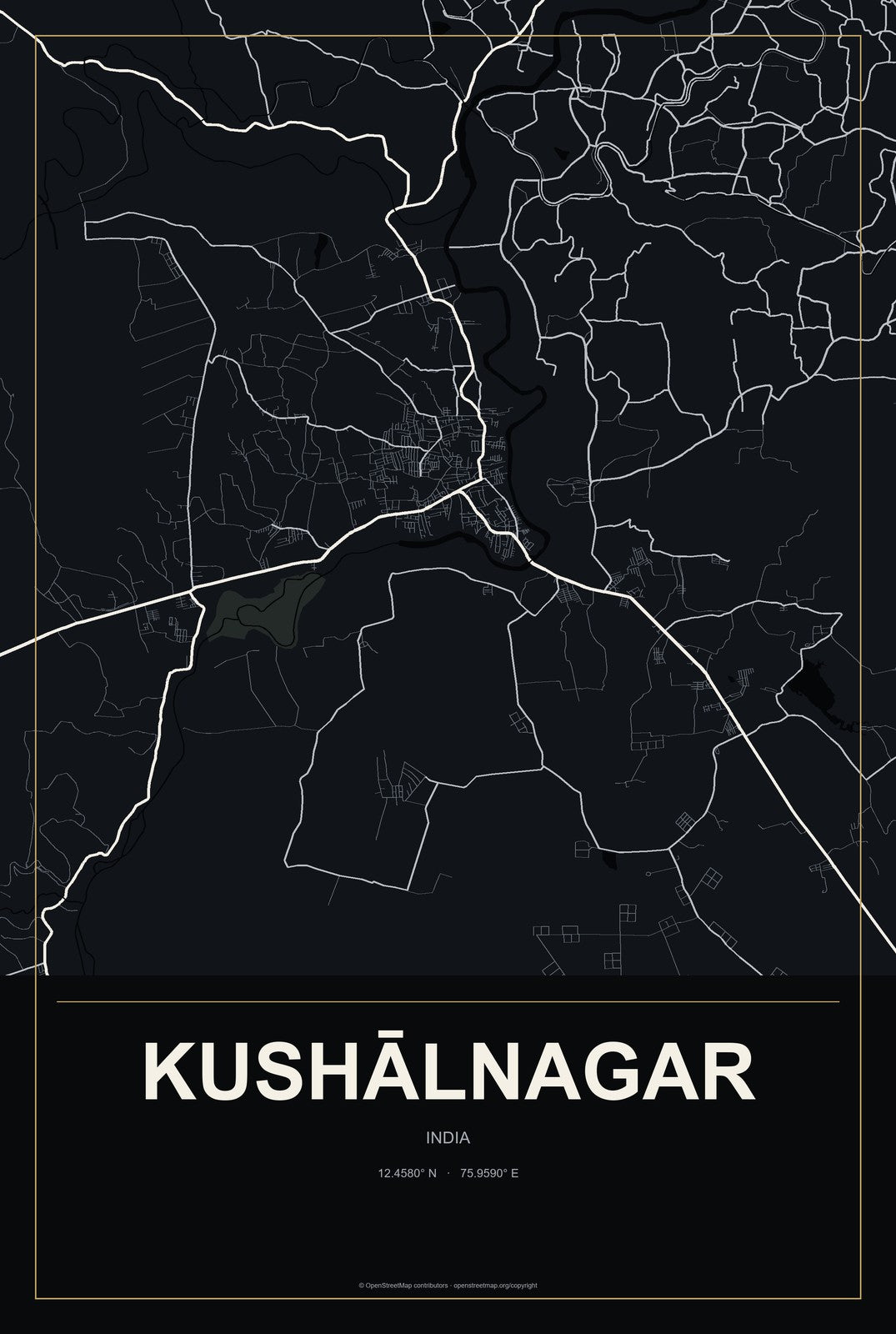 Kushālnagar, India City Map Aluminum Sign in Metropolitan Noir style