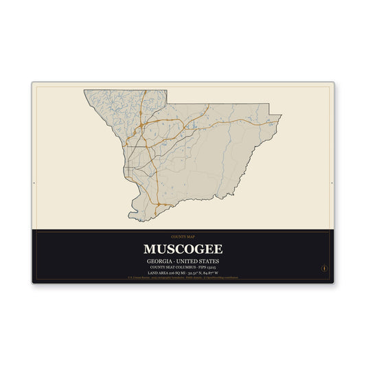 Muscogee County, Georgia Map Aluminum Sign in Museum Plaque style