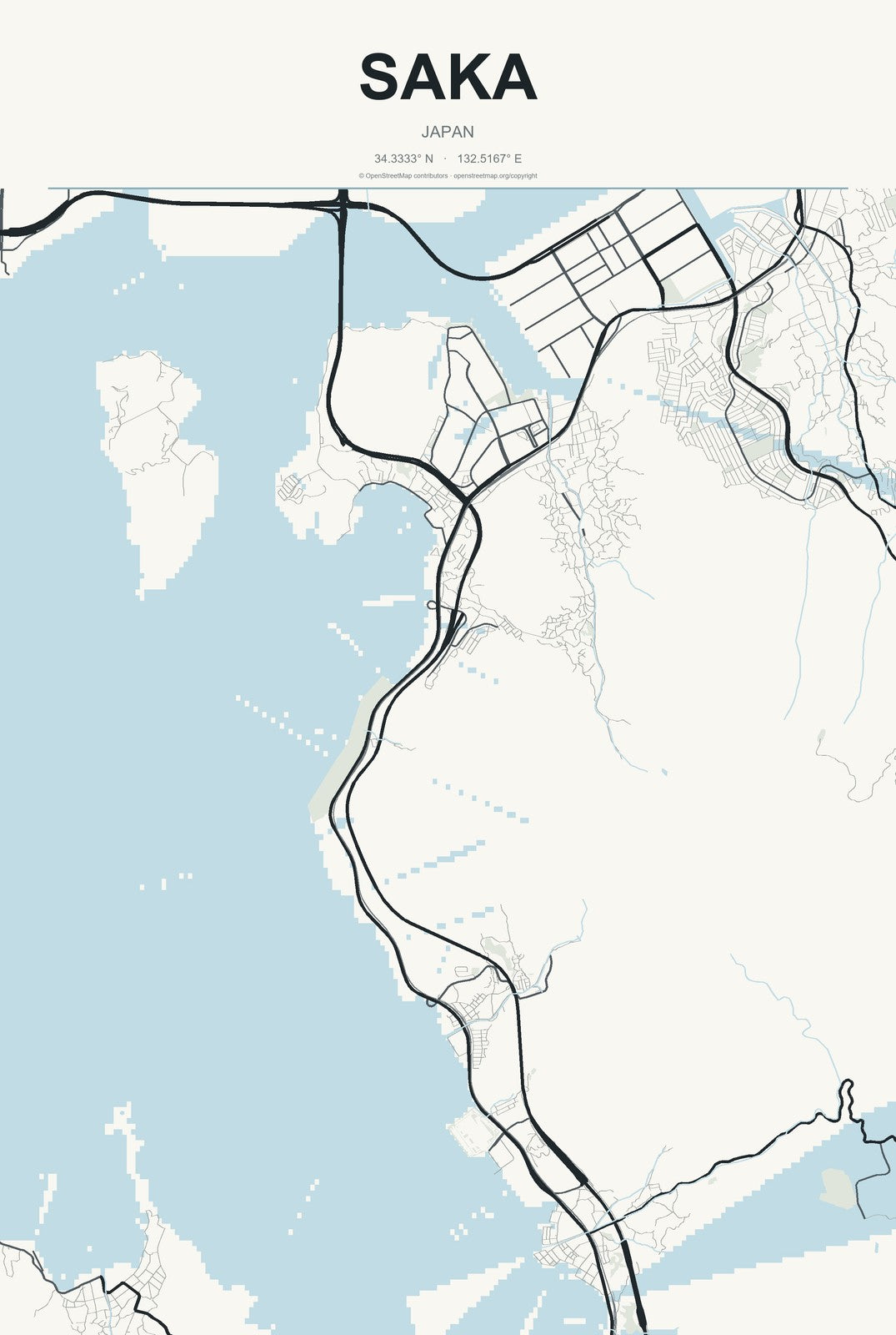 Saka, Japan City Map Aluminum Sign in Headline Atlas style