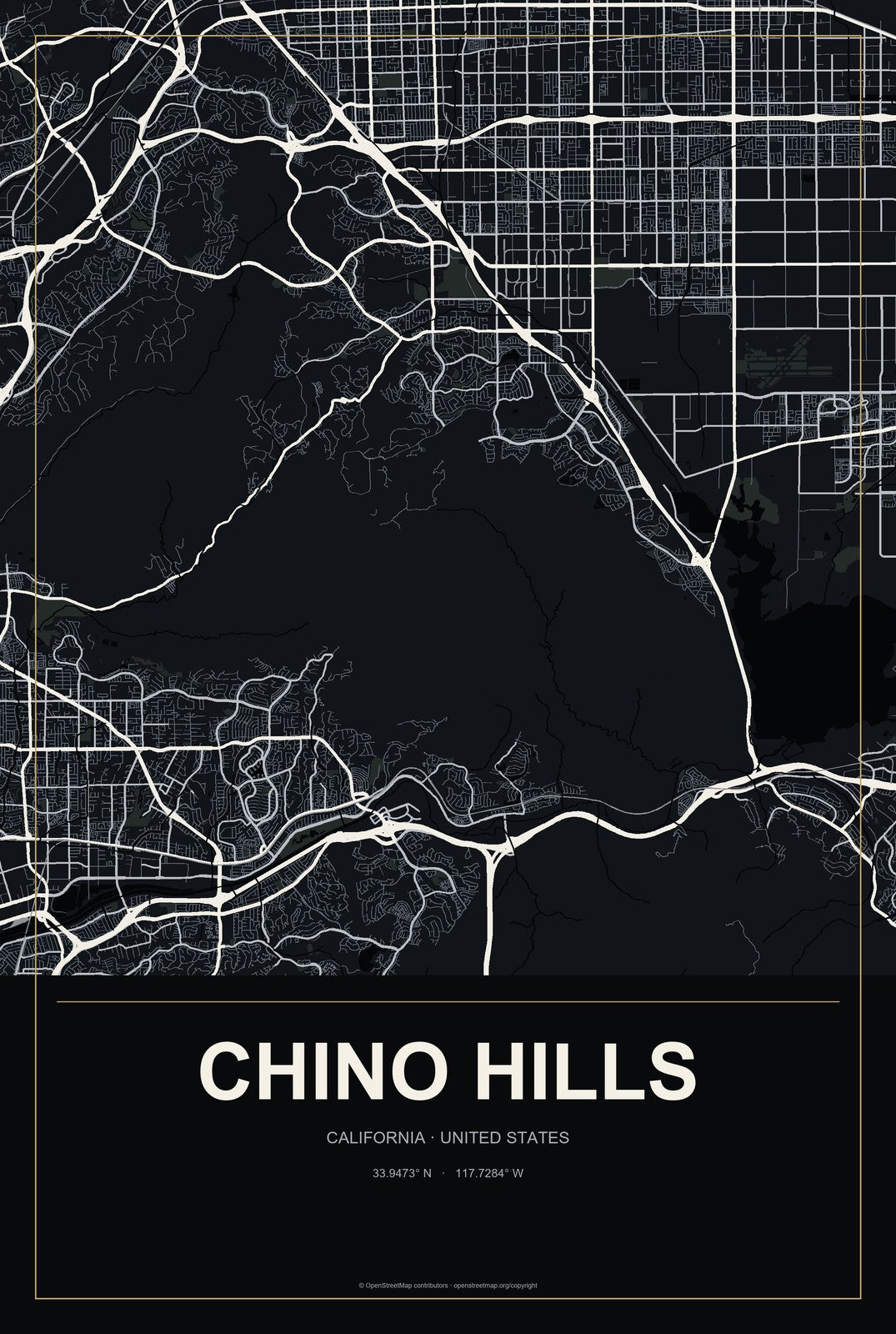 Chino Hills, California City Map Aluminum Sign in Metropolitan Noir style