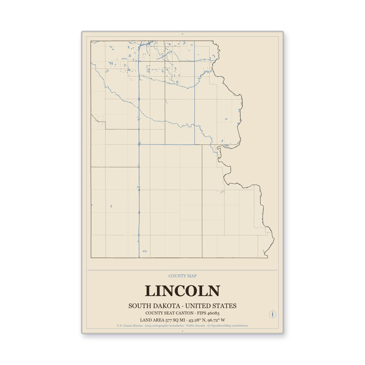 Lincoln County, South Dakota Map Aluminum Sign in Heritage Nautical style