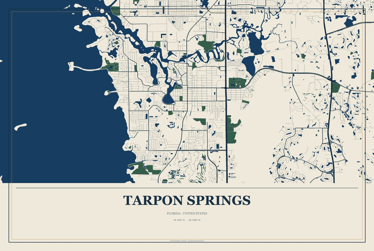 Tarpon Springs, Florida City Map Aluminum Sign in Coastal Cutout style