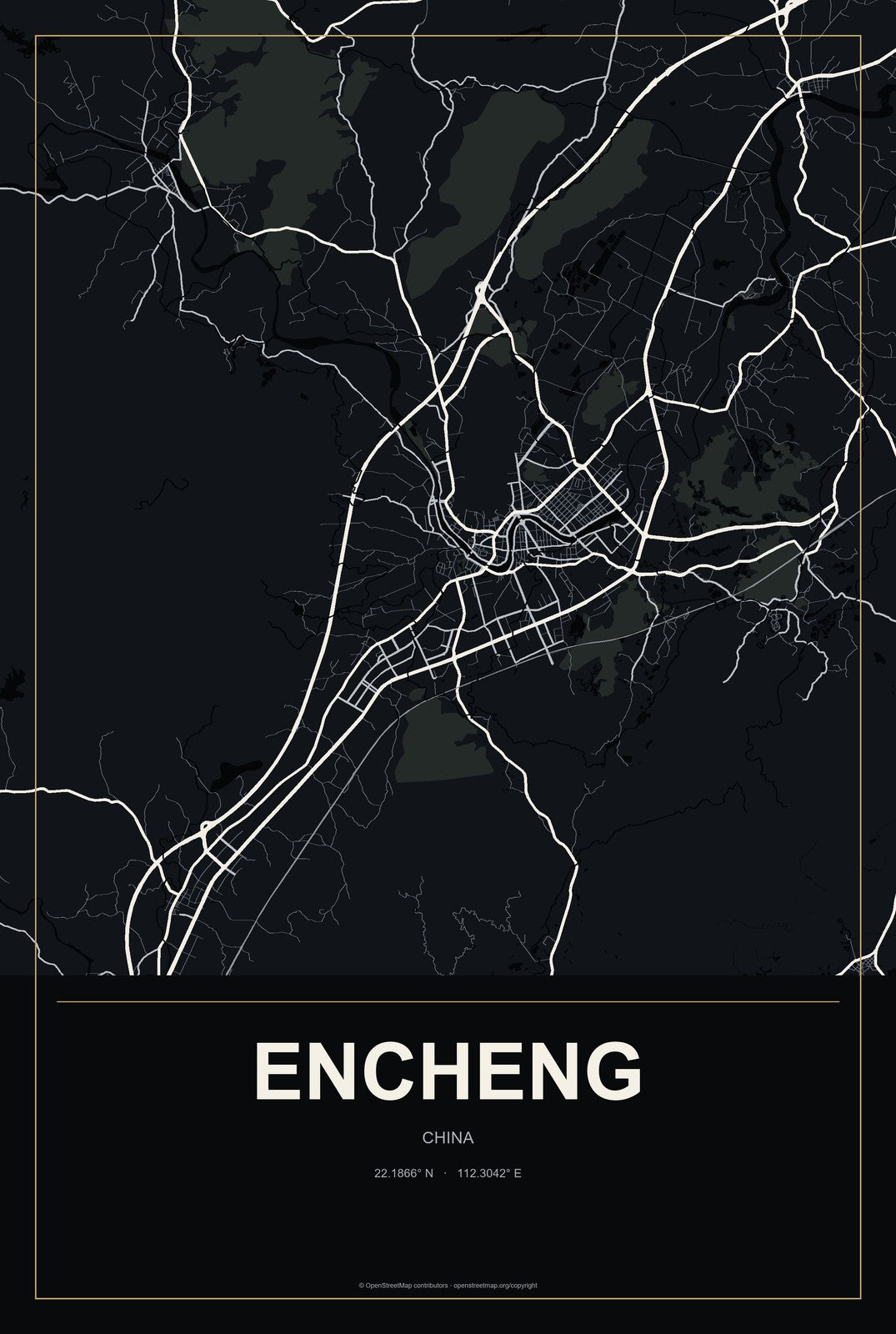 Encheng, China City Map Aluminum Sign in Metropolitan Noir style