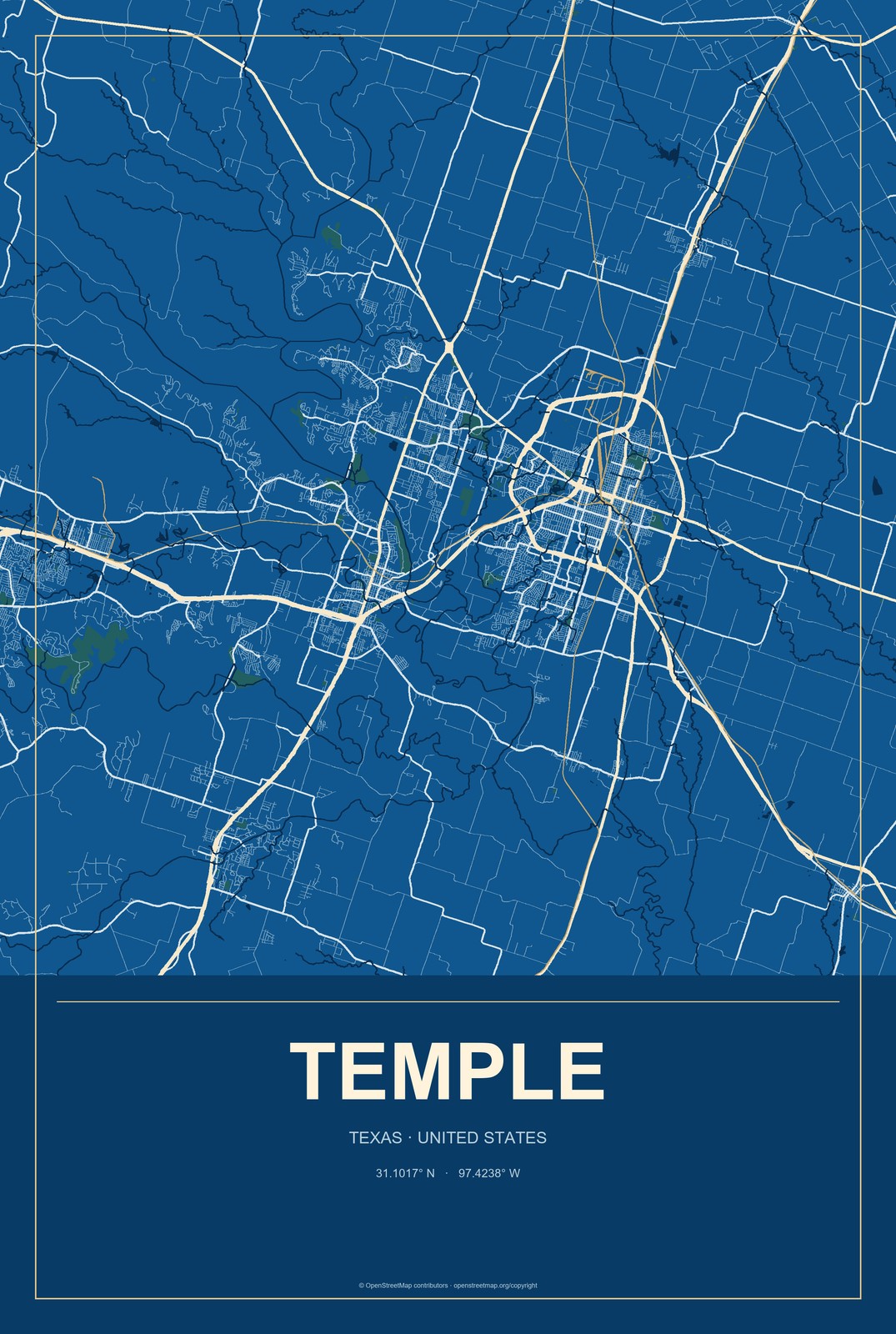 Temple, Texas City Map Aluminum Sign in Harbor Cobalt style