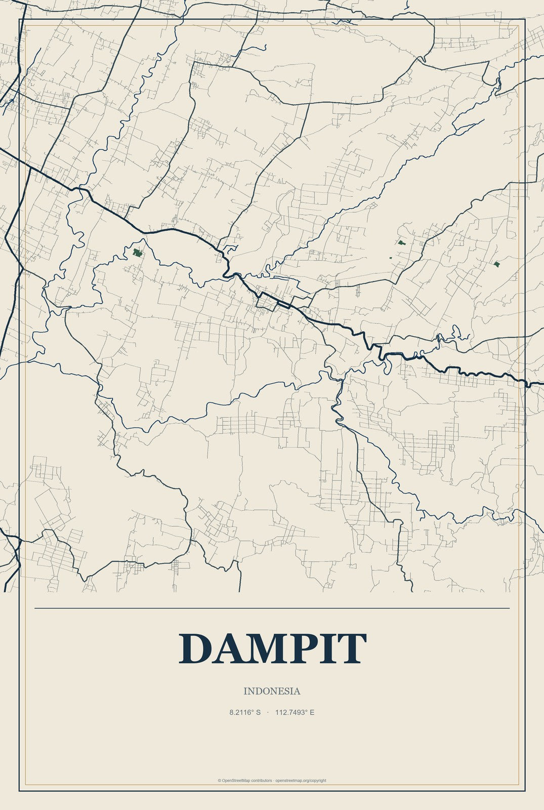 Dampit, Indonesia City Map Aluminum Sign in Coastal Cutout style