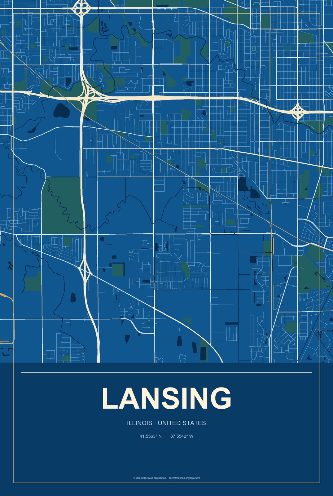 Lansing, Illinois City Map Aluminum Sign in Harbor Cobalt style