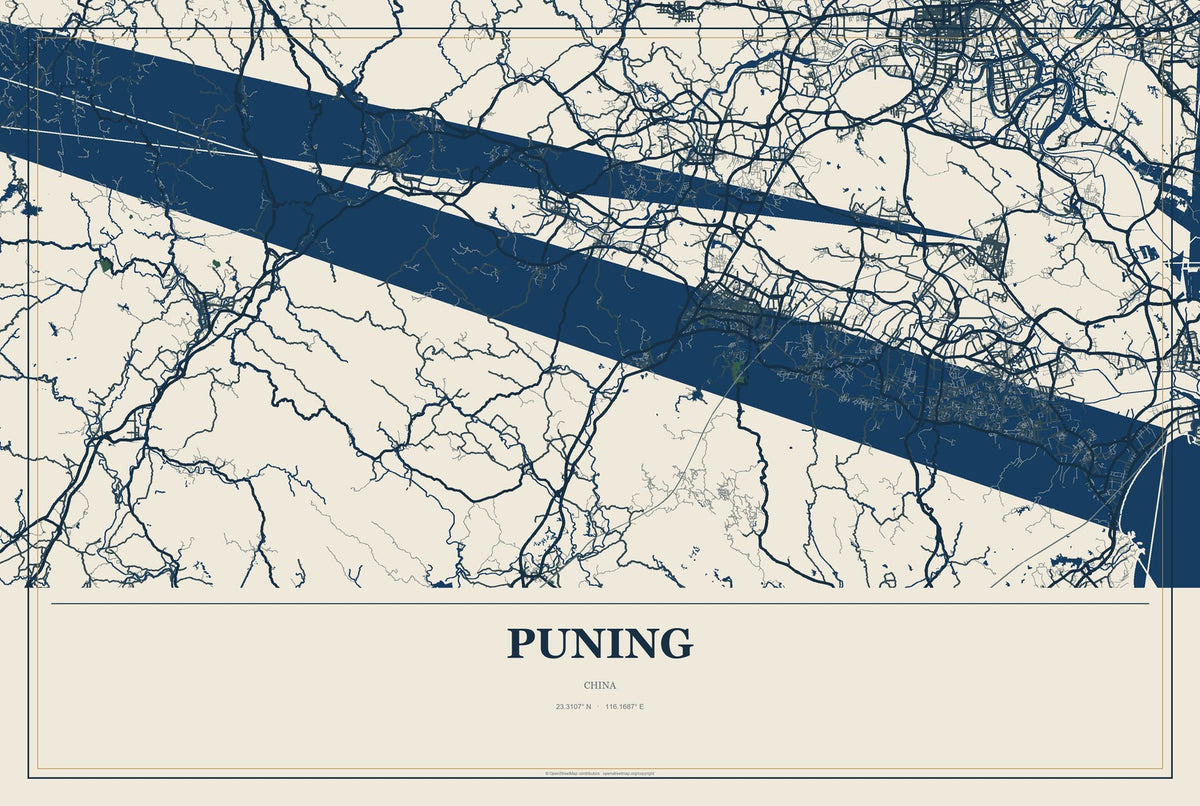 Puning, China City Map Aluminum Sign in Coastal Cutout style