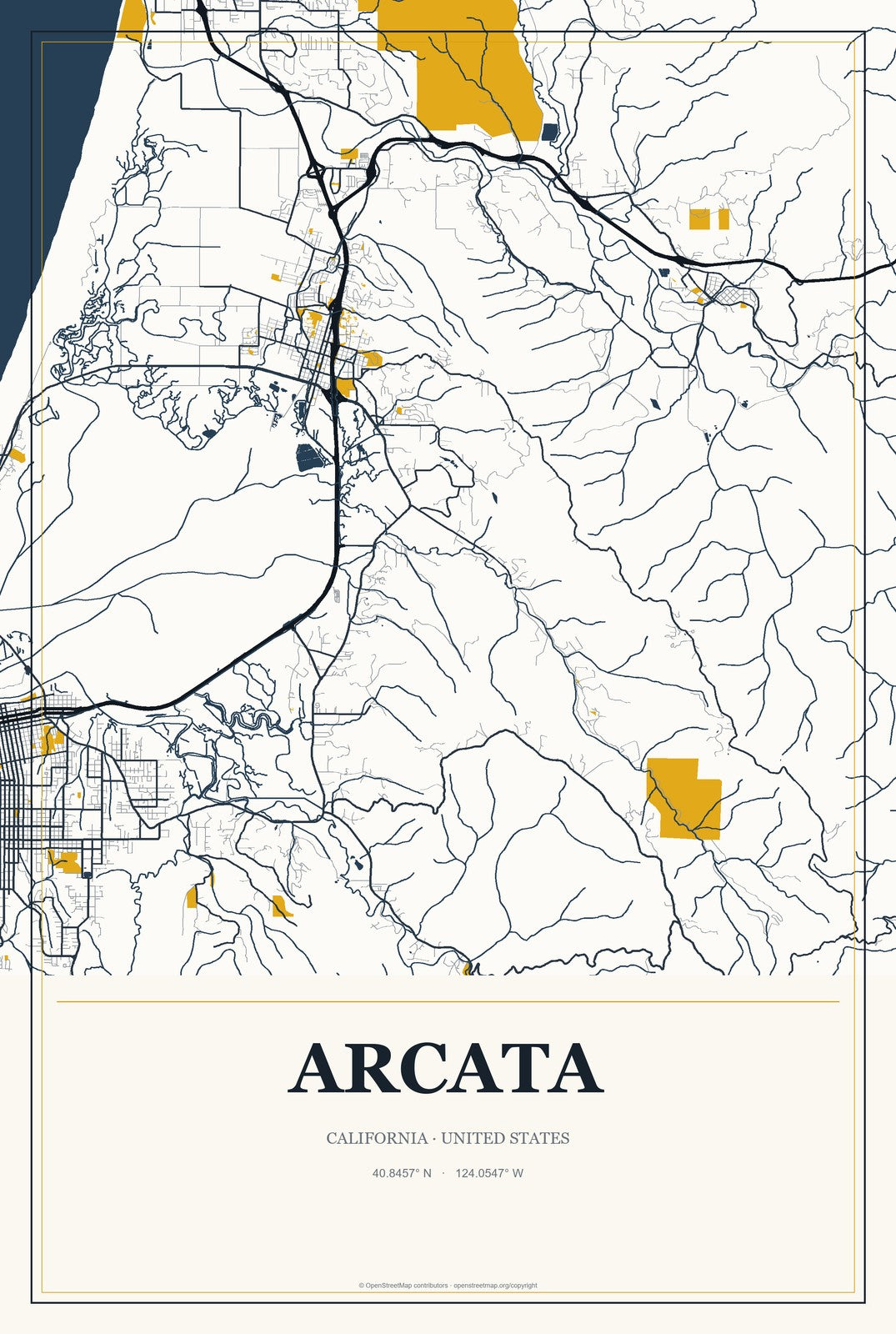 Arcata, California City Map Aluminum Sign in Citrine Modern style