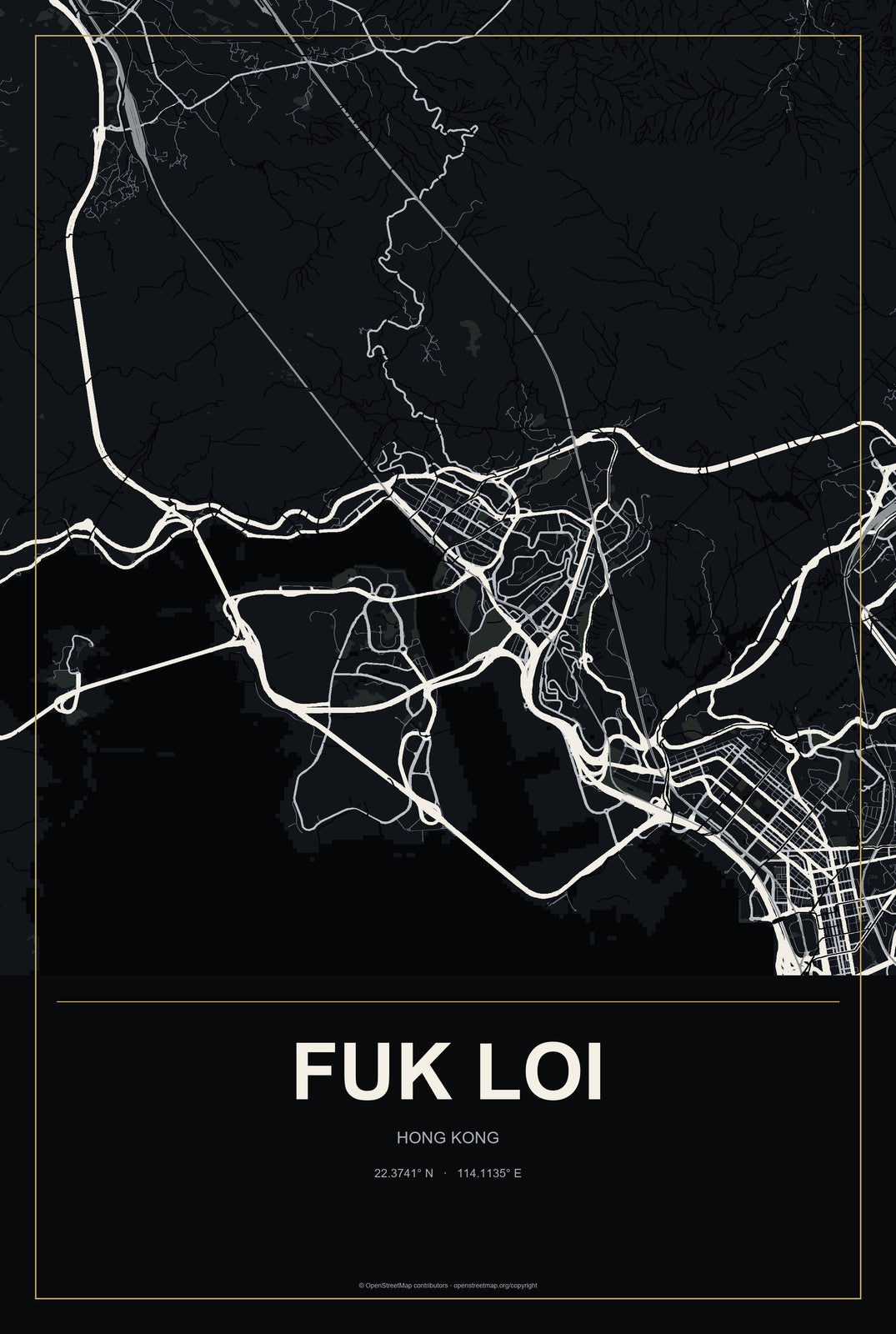 Fuk Loi, Hong Kong City Map Aluminum Sign in Metropolitan Noir style