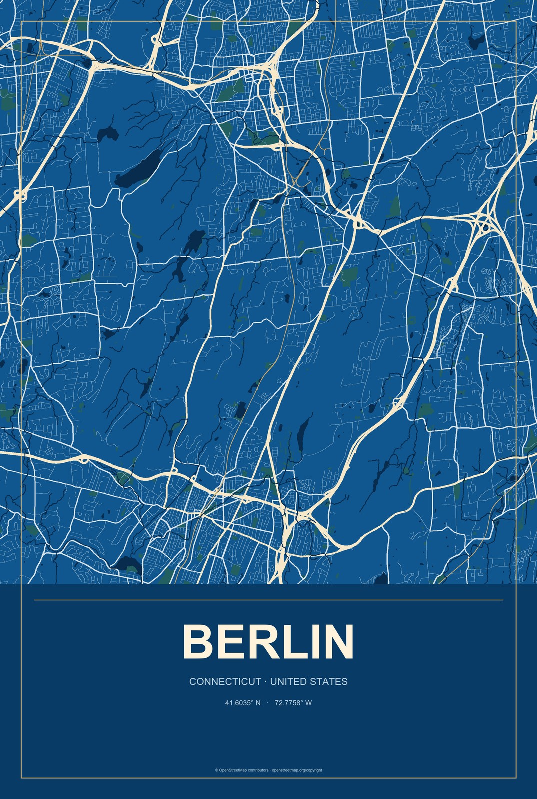 Berlin, Connecticut City Map Aluminum Sign in Harbor Cobalt style